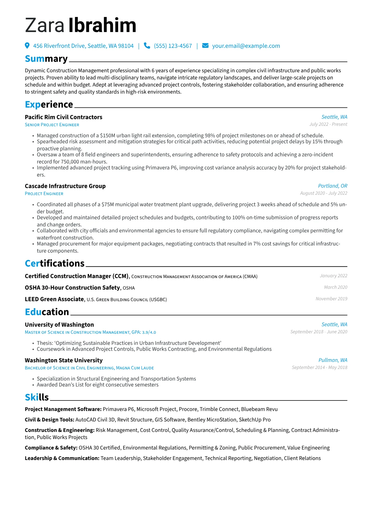 Construction Management resume example, Infrastructure, page 1