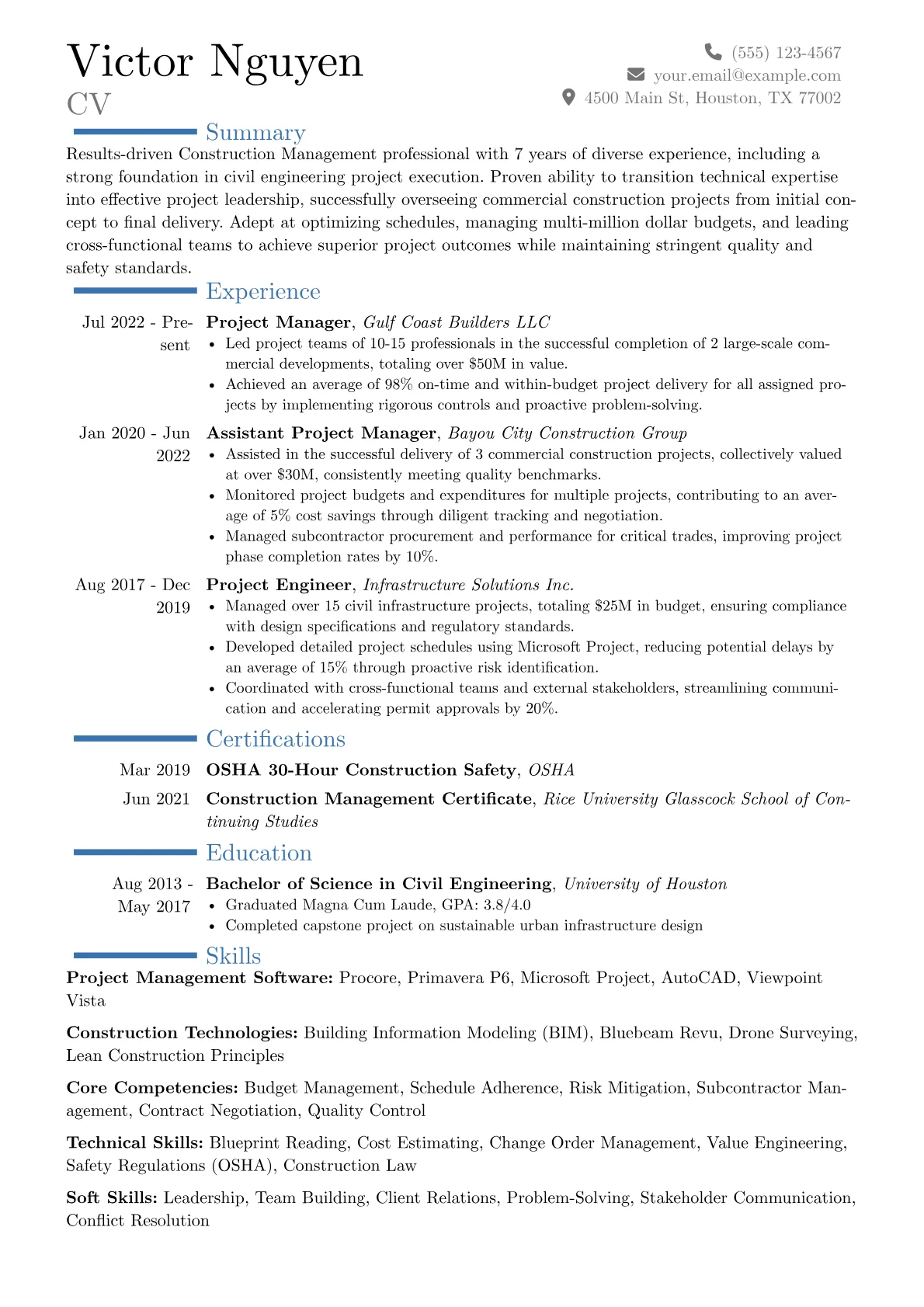 Construction Management resume example, Career changer, page 1
