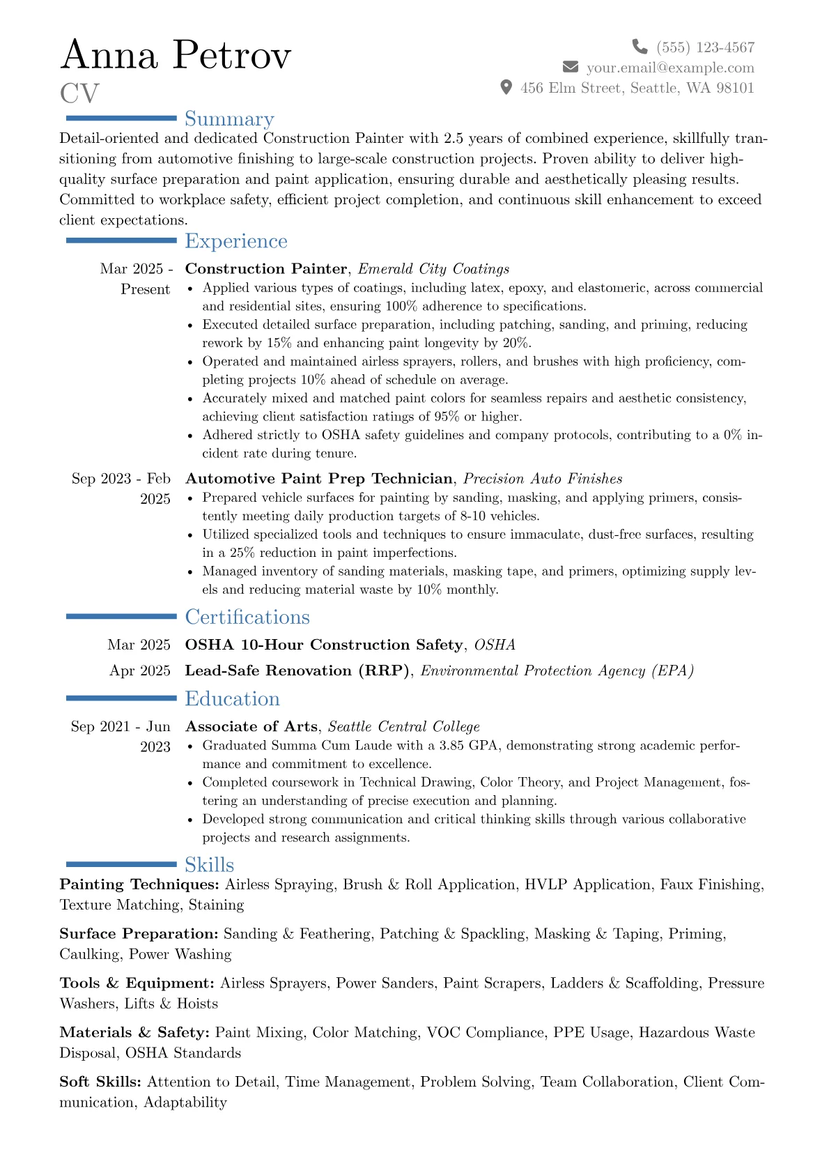 Construction Painter resume example, Career changer, page 1