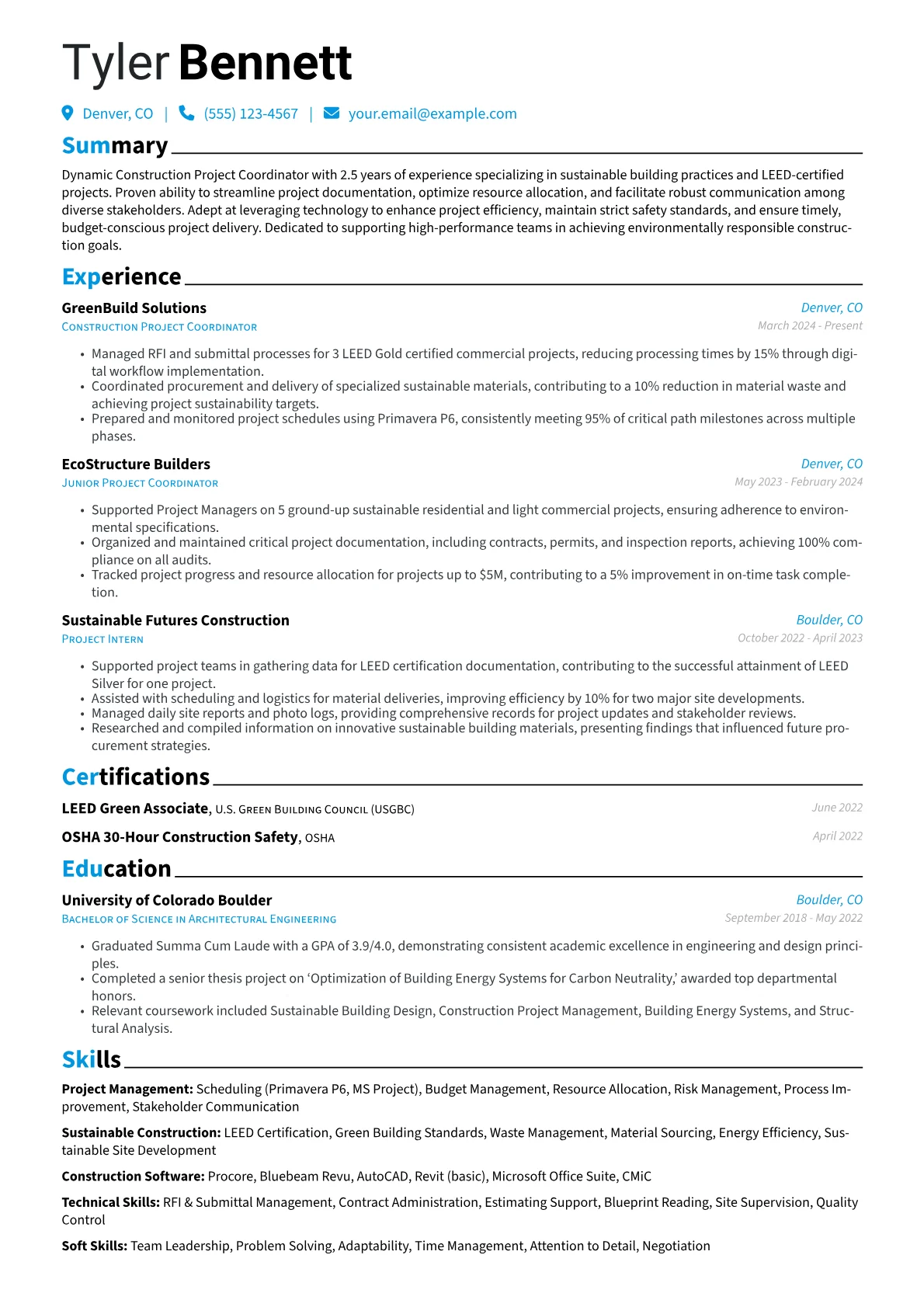 Construction Project Coordinator resume example, Sustainable Construction, page 1