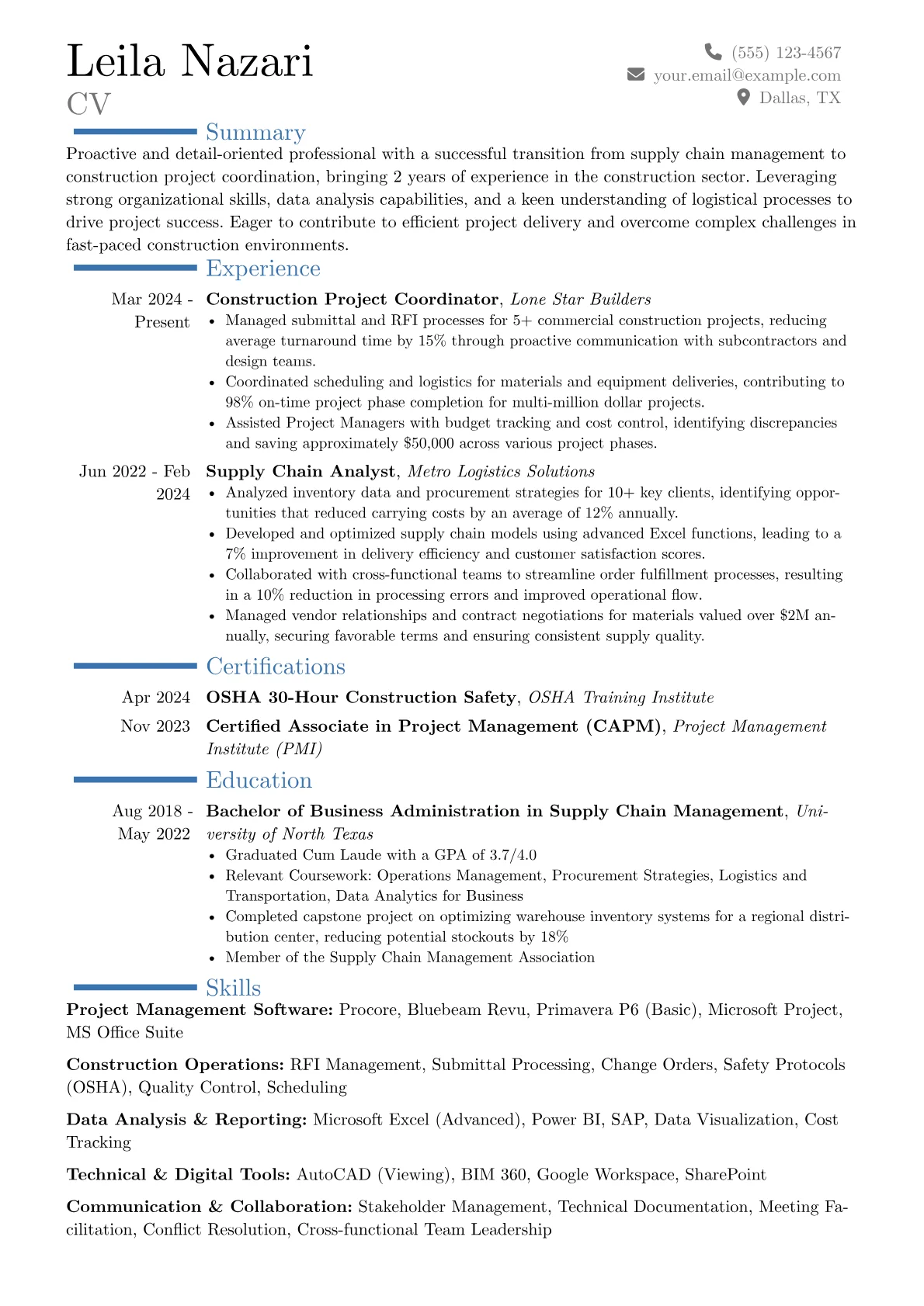 Construction Project Coordinator resume example, Career changer, page 1
