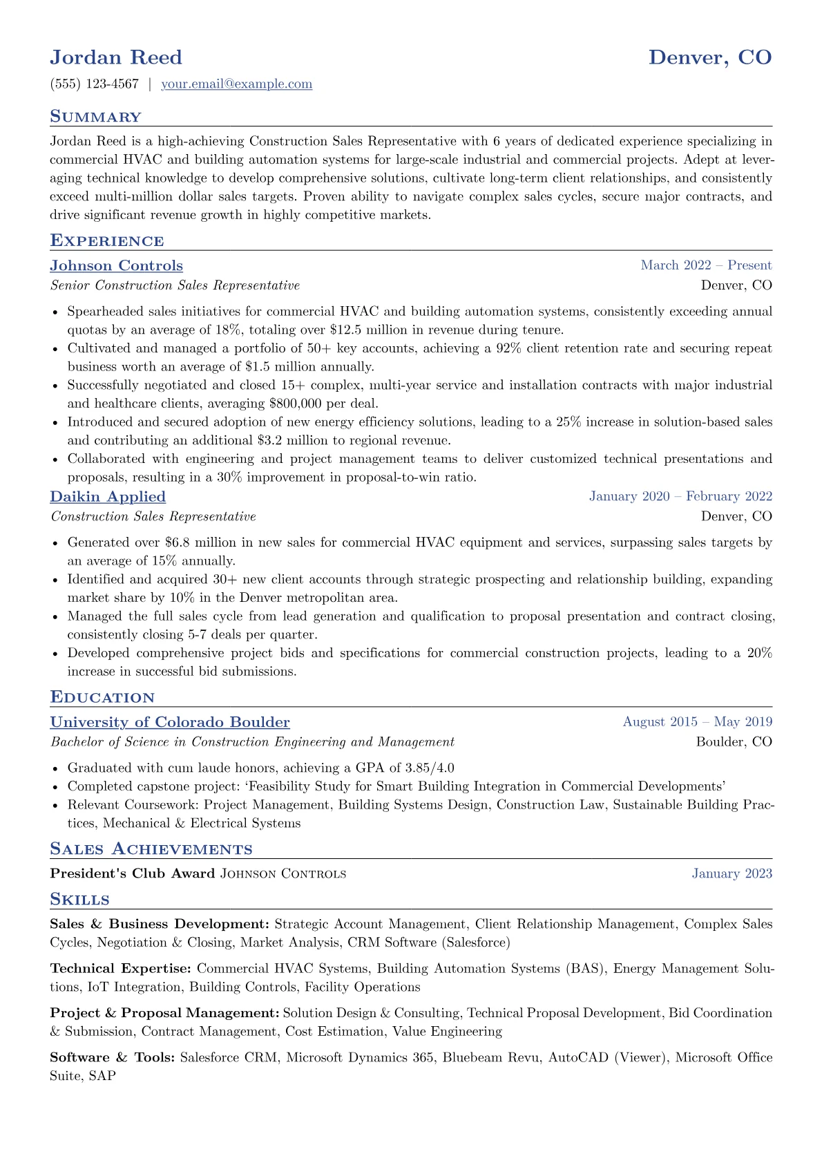 Construction Sales Representative resume example, HVAC & Building Automation, page 1