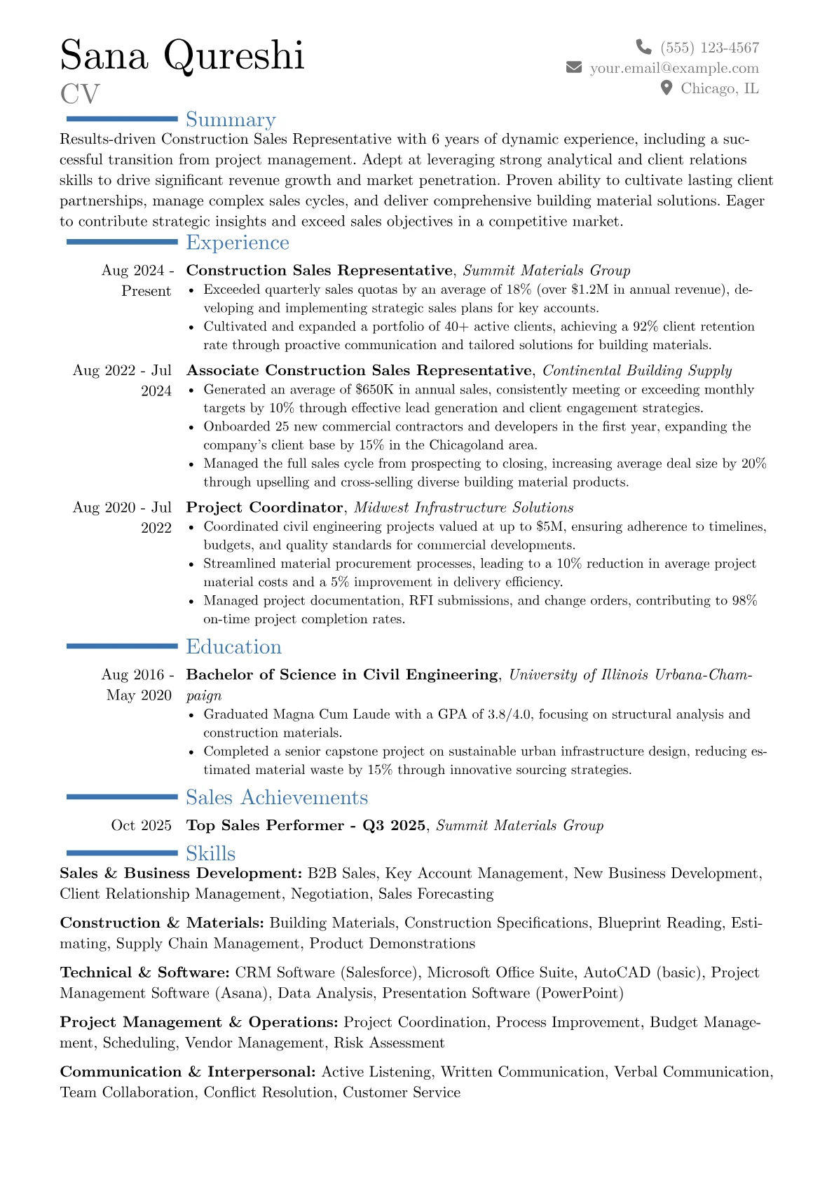 Construction Sales Representative resume example, Career changer, page 1