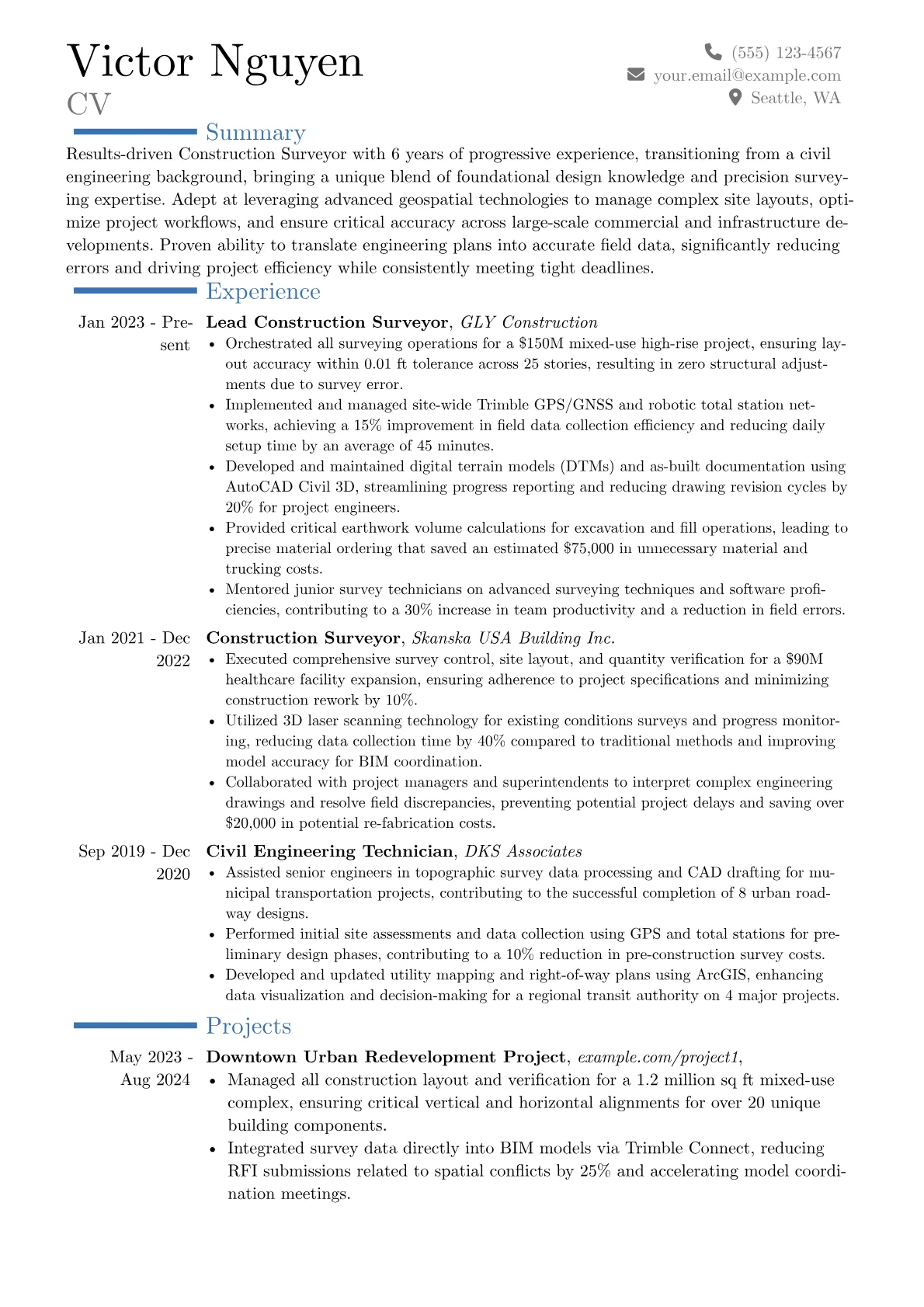 Construction Surveyor resume example, Career changer, page 1