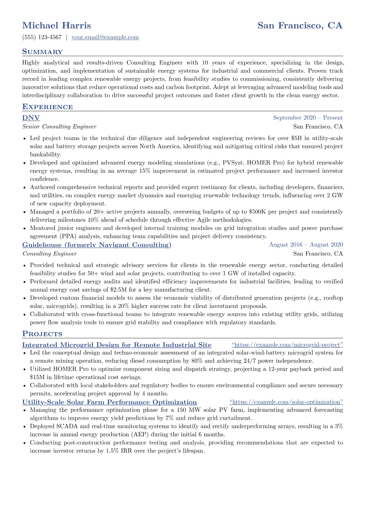 Consulting Engineer resume example, Sustainable Energy Systems, page 1