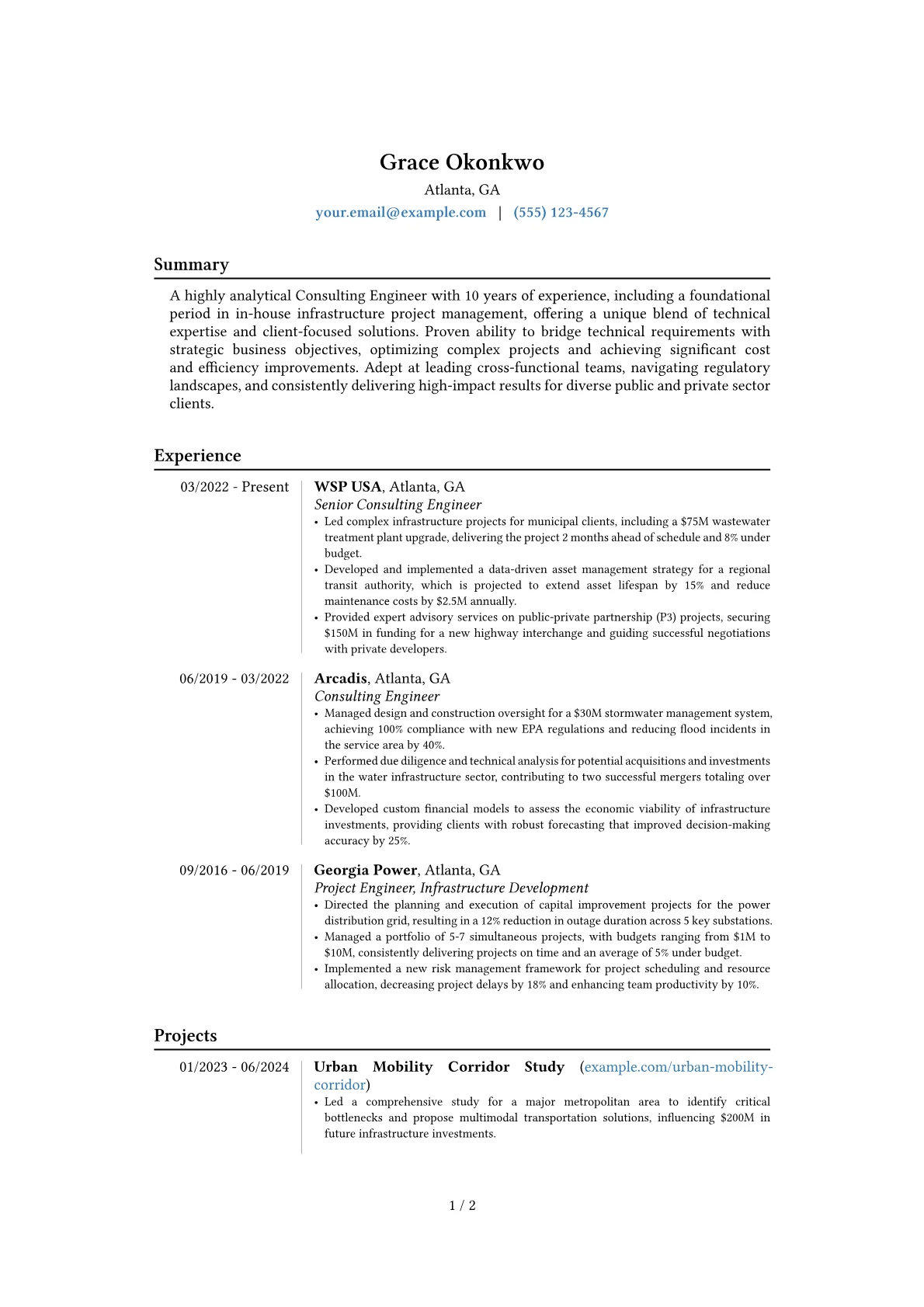Consulting Engineer resume example, Career changer, page 1