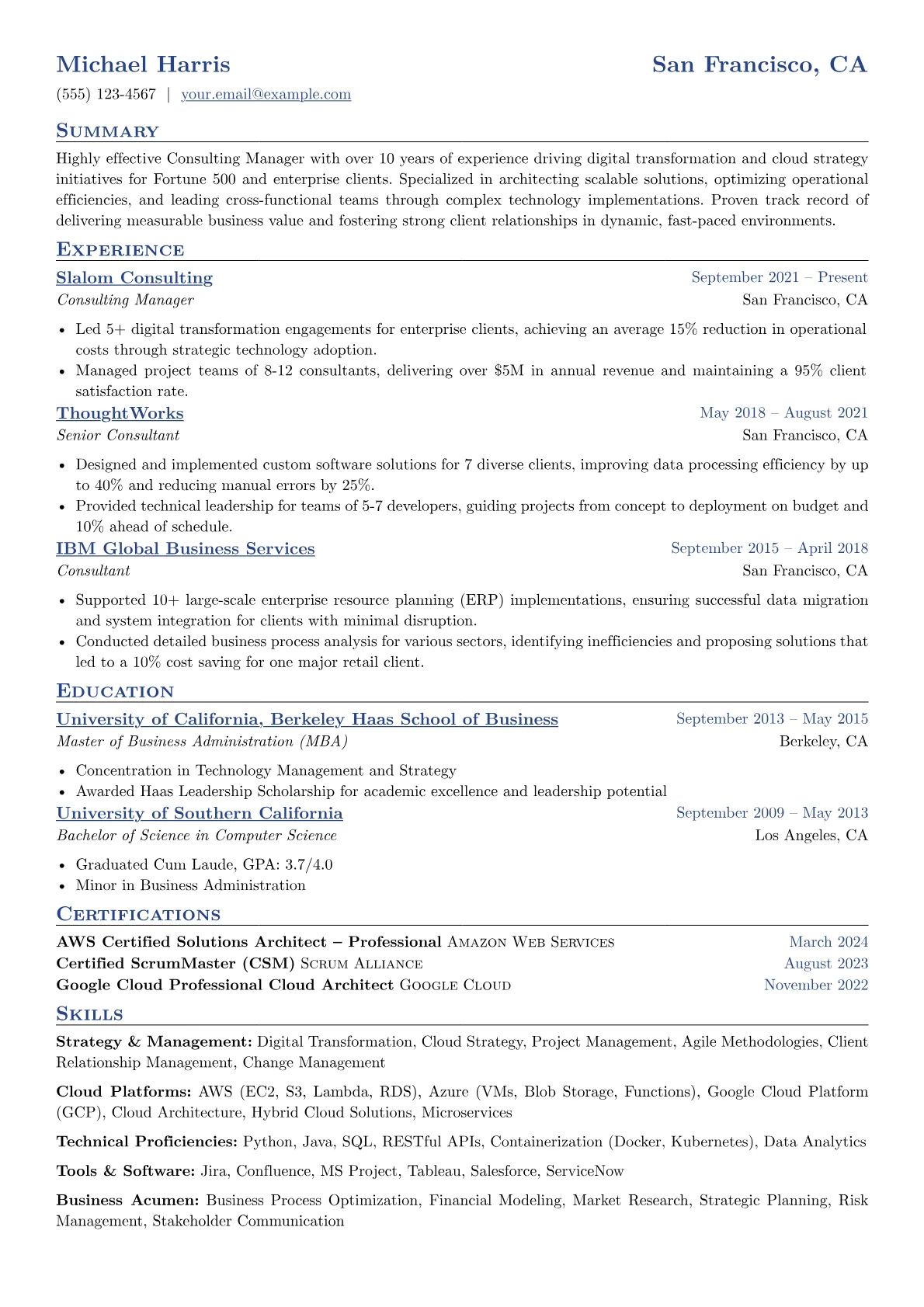 Consulting Manager resume example, Digital Transformation, page 1