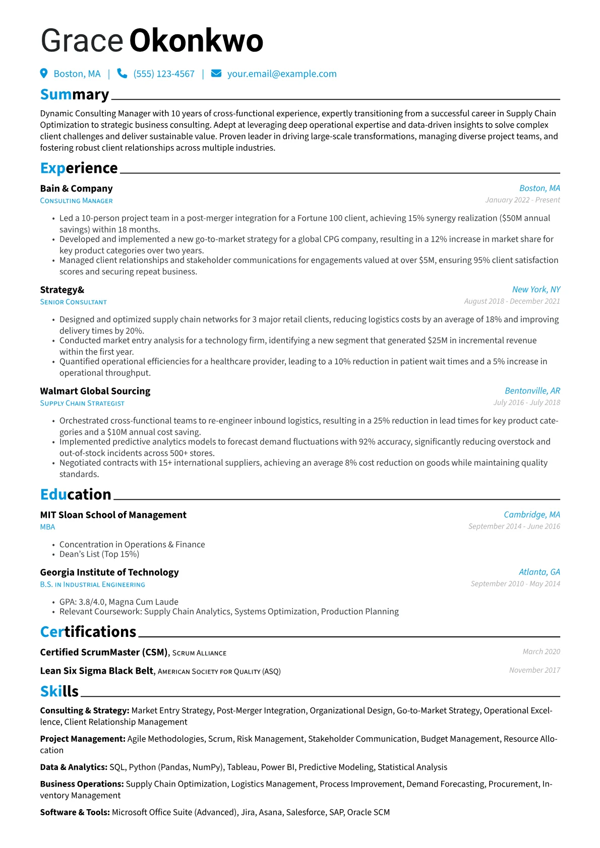 Consulting Manager resume example, Career changer, page 1