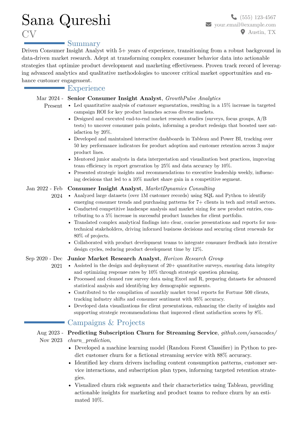 Consumer Insight Analyst resume example, Career changer, page 1