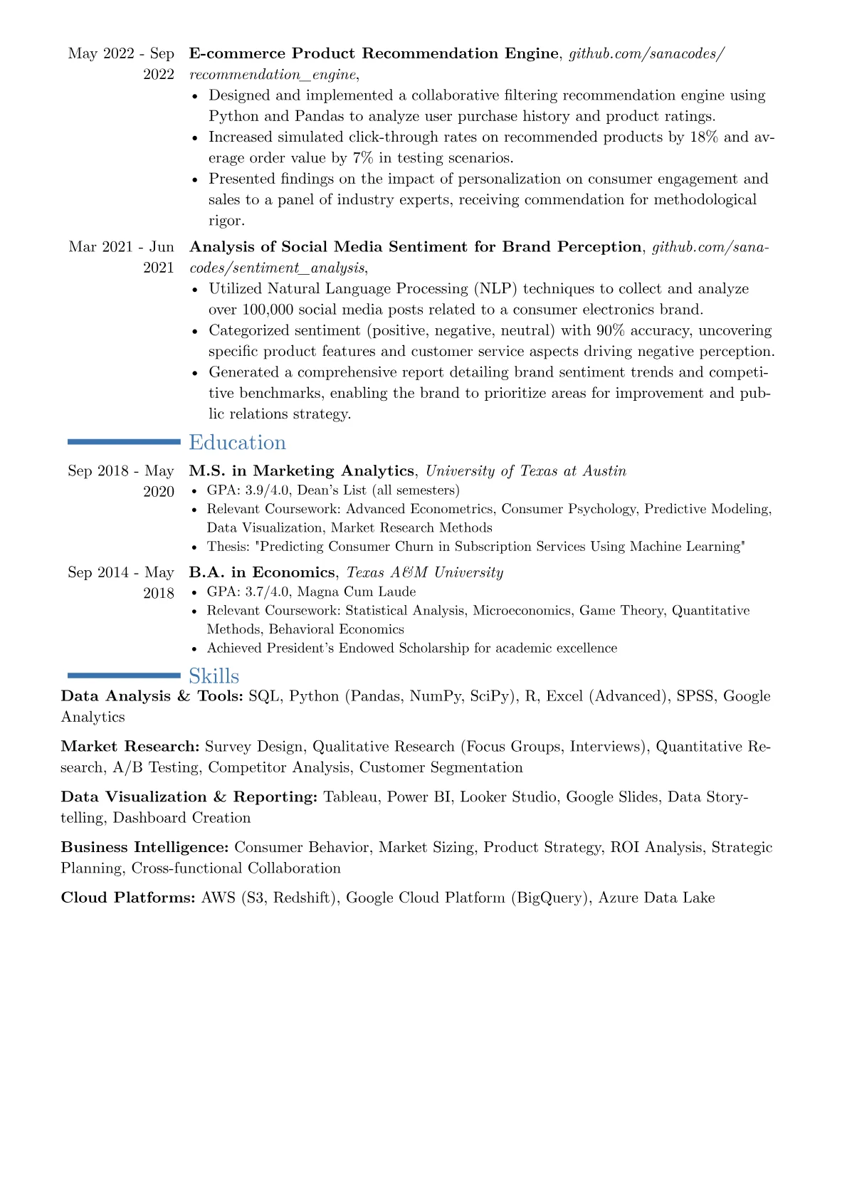 Consumer Insight Analyst resume example, Career changer, page 2
