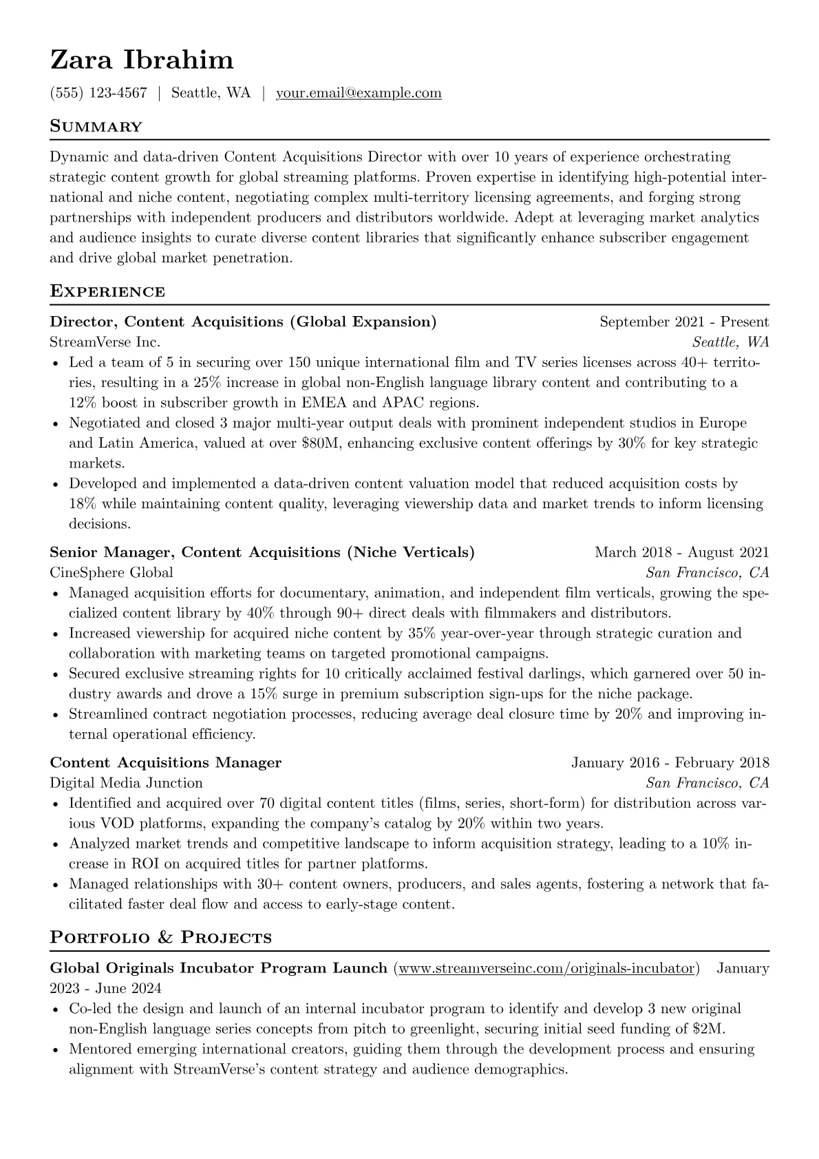 Content Acquisitions Director resume example, Content Acquisitions, page 1