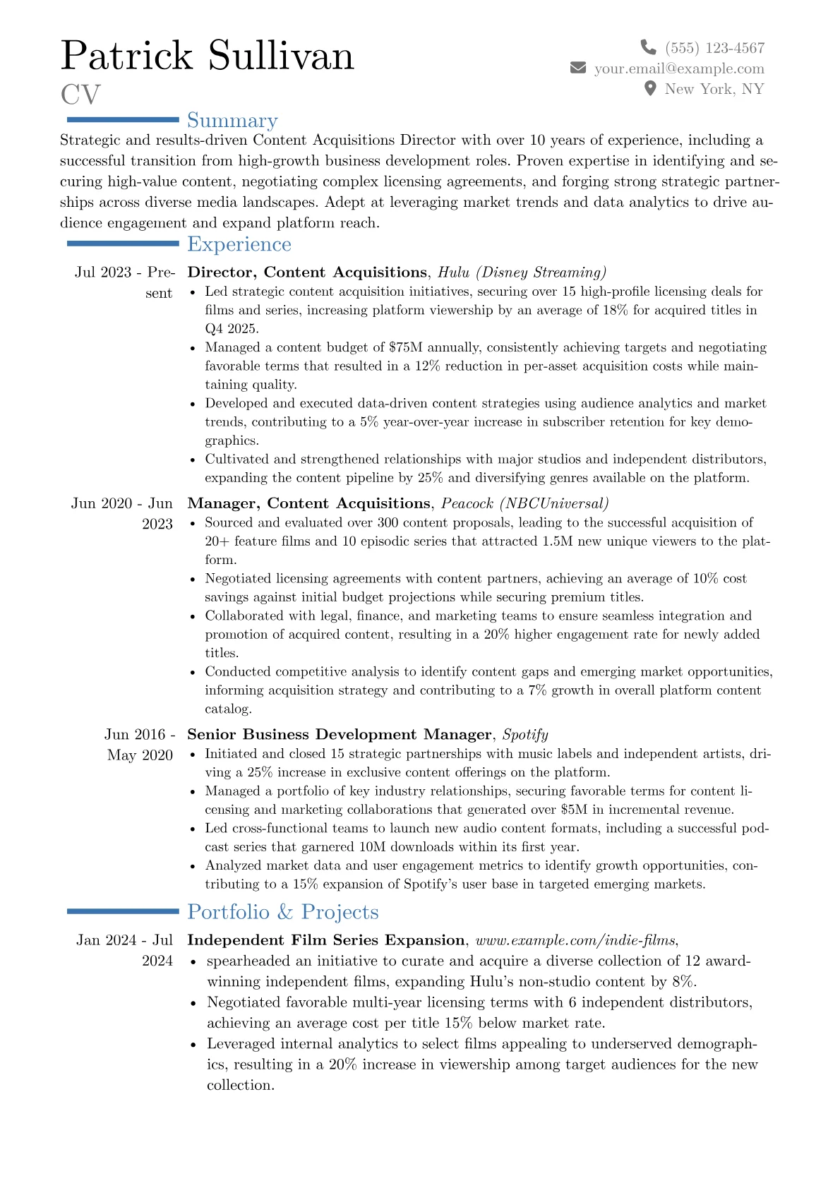 Content Acquisitions Director resume example, Career changer, page 1