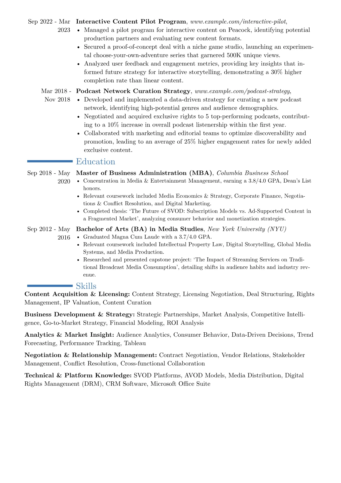 Content Acquisitions Director resume example, Career changer, page 2