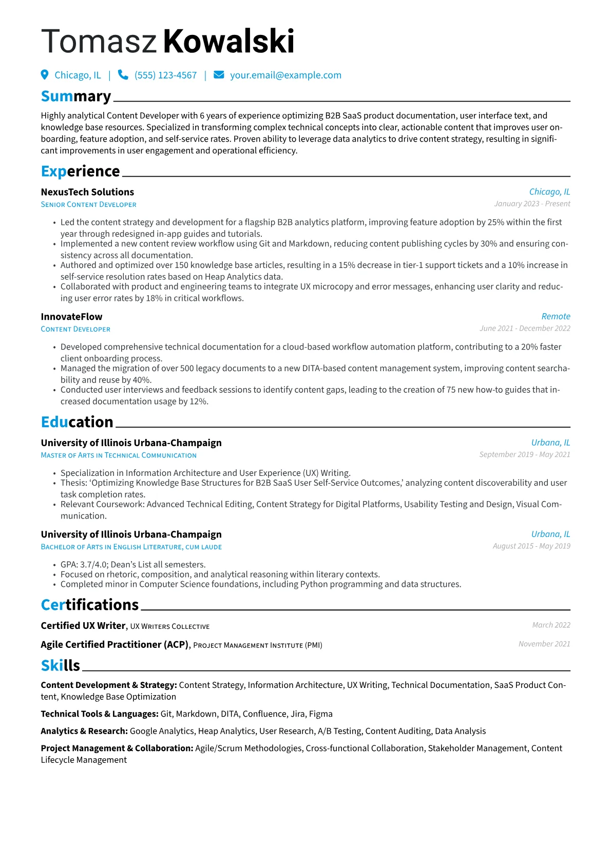 Content Developer resume example, SaaS Product & UX Content, page 1