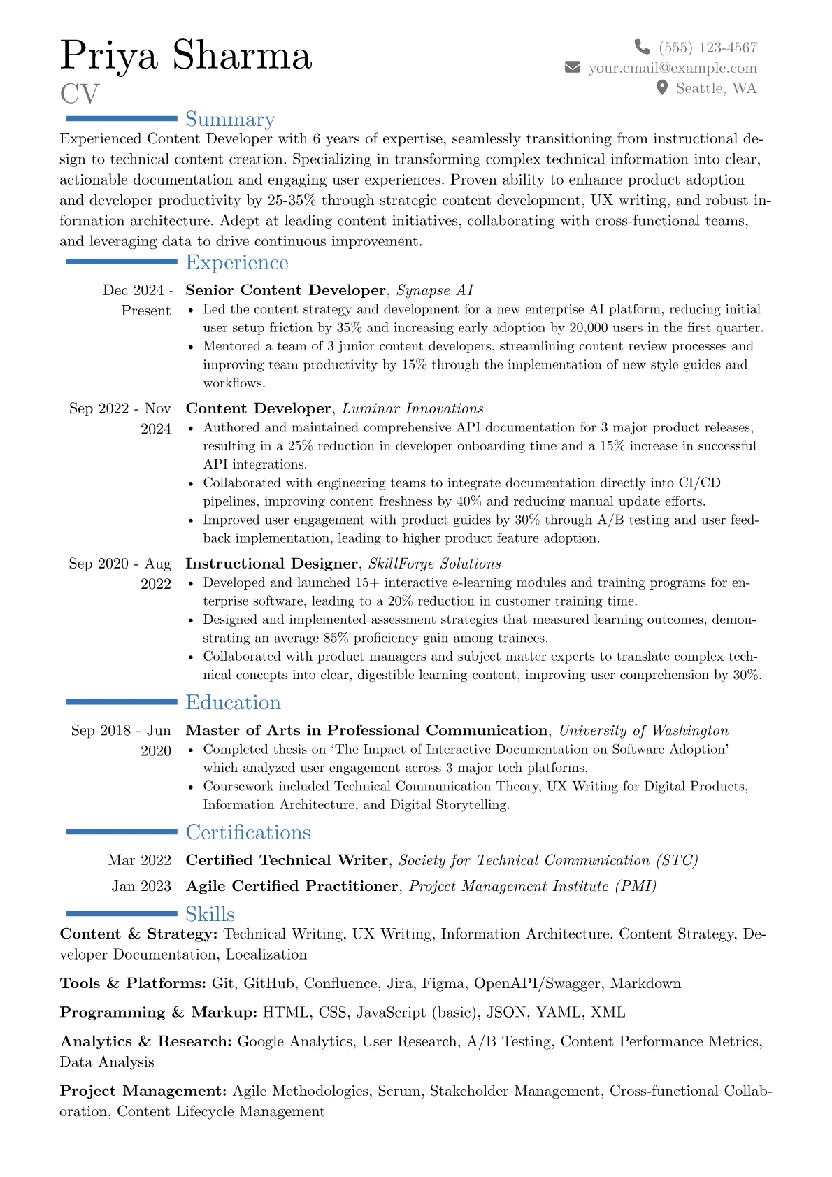 Content Developer resume example, Career changer, page 1
