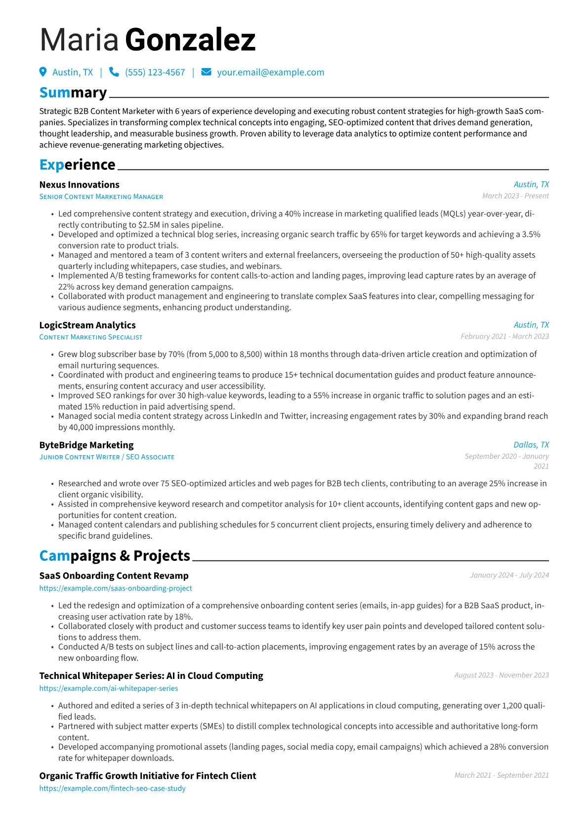 Content Marketer resume example, B2B SaaS Technical Content, page 1