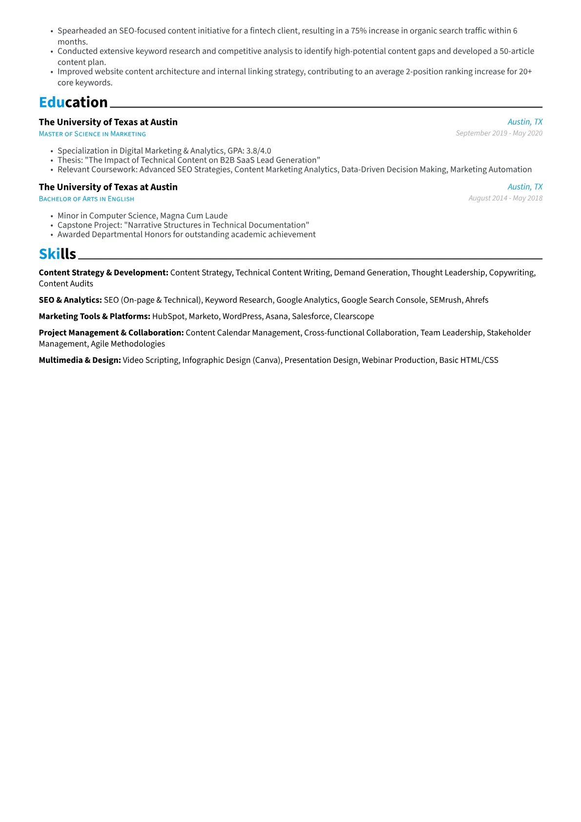 Content Marketer resume example, B2B SaaS Technical Content, page 2