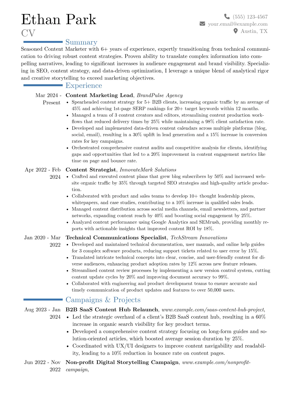 Content Marketer resume example, Career changer, page 1