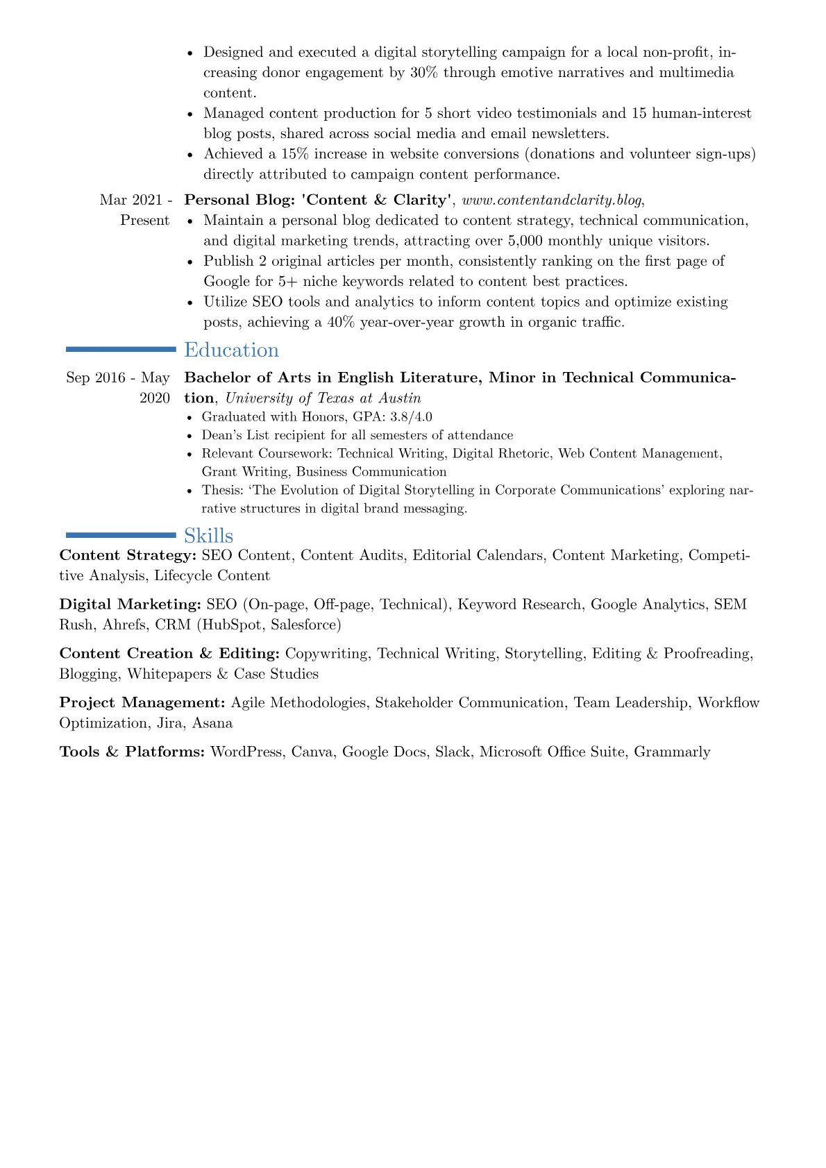 Content Marketer resume example, Career changer, page 2