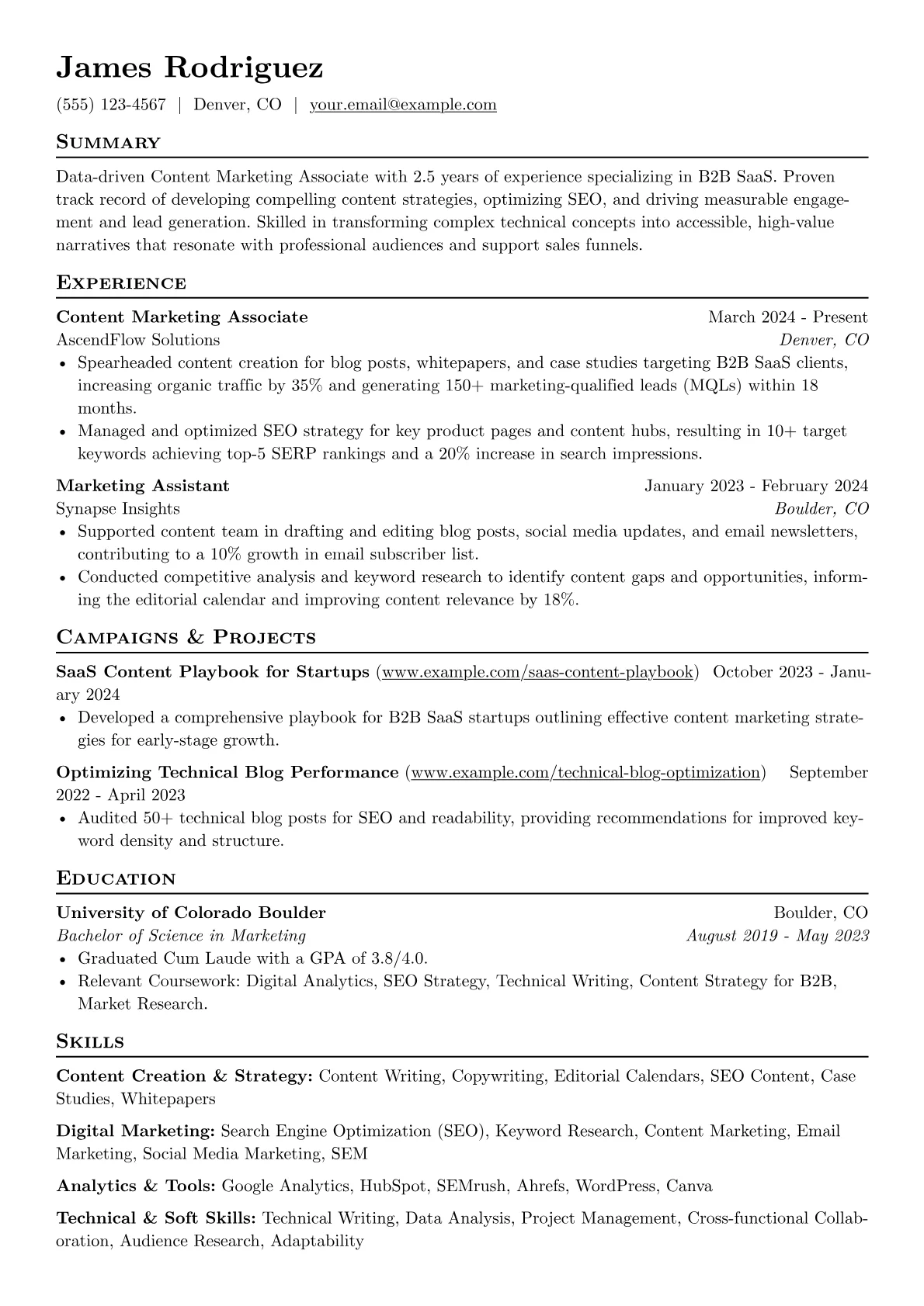 Content Marketing Associate resume example, Content Creation, page 1