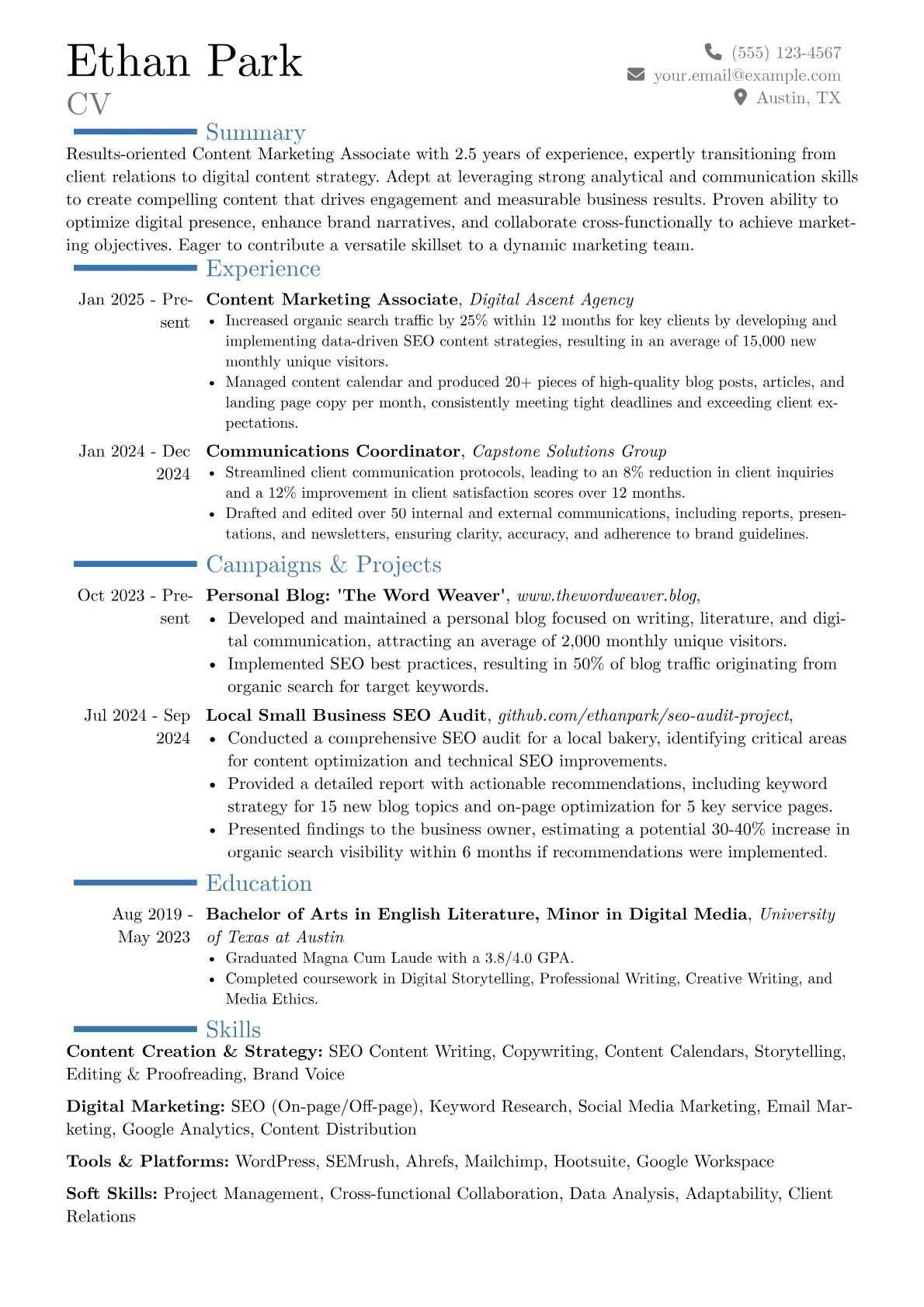 Content Marketing Associate resume example, Career changer, page 1