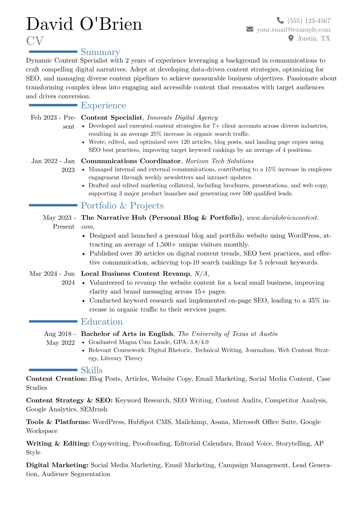 Content Specialist resume example, Career changer, page 1