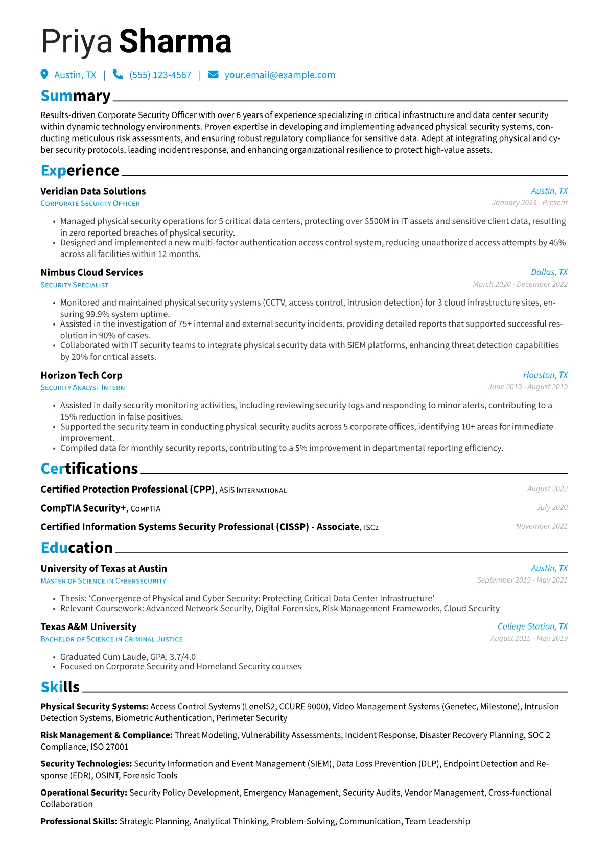 Corporate Security Officer resume example, Corporate Security Officer, page 1