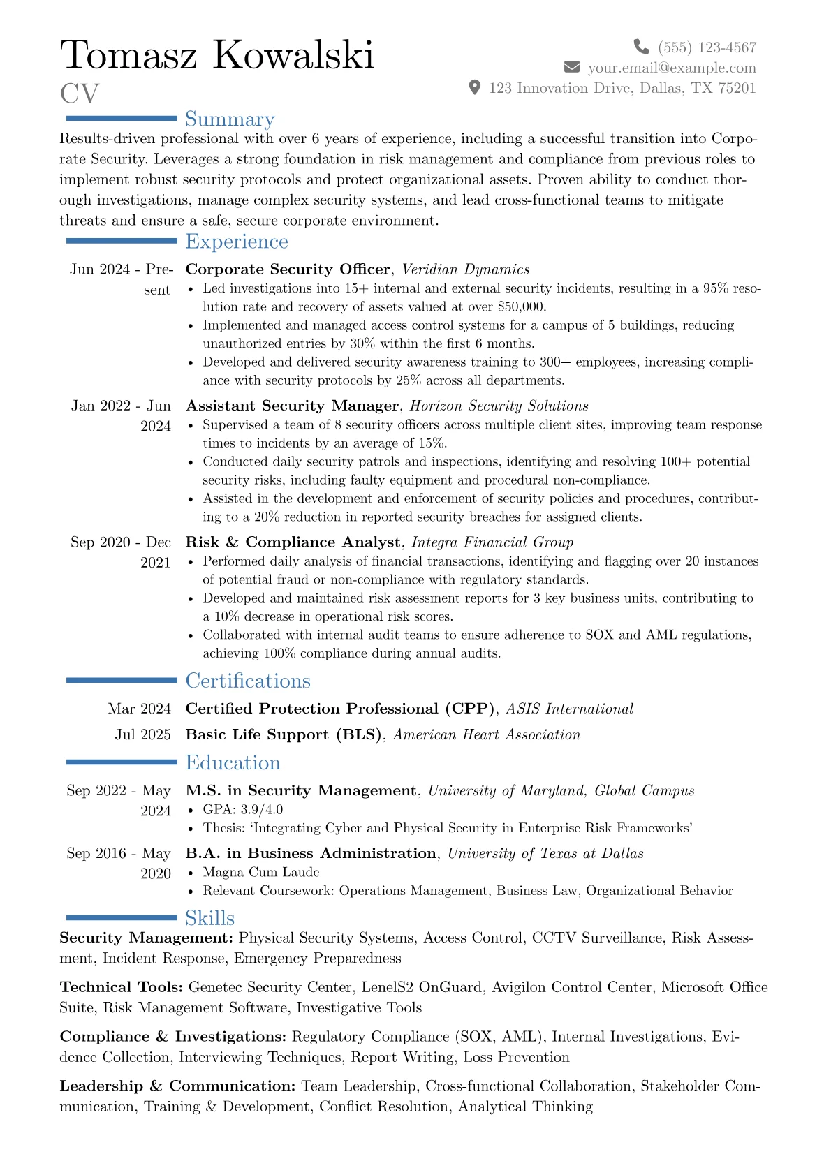 Corporate Security Officer resume example, Career changer, page 1