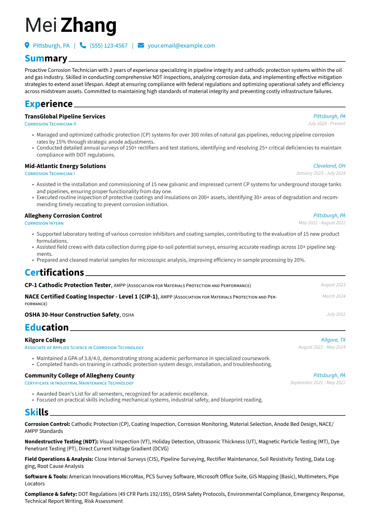 Corrosion Technician resume example, Corrosion Control, page 1