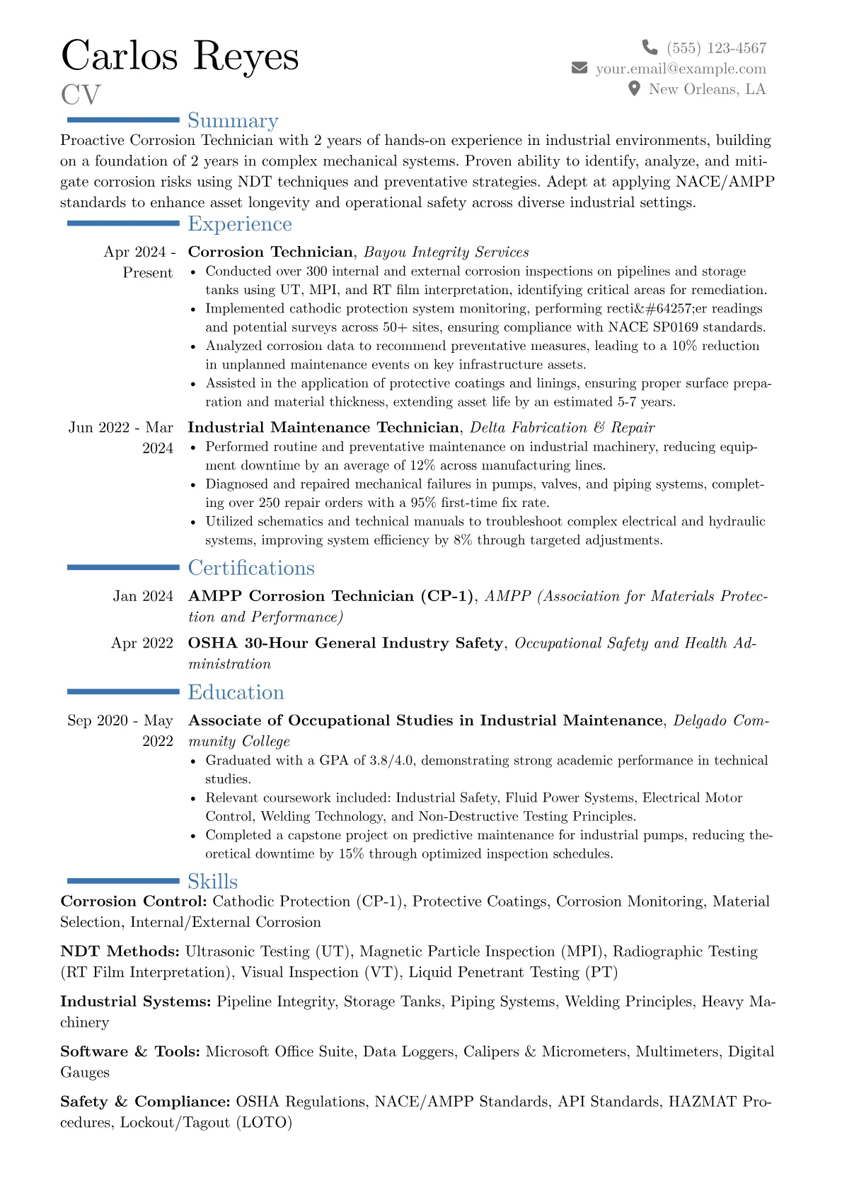 Corrosion Technician resume example, Career changer, page 1
