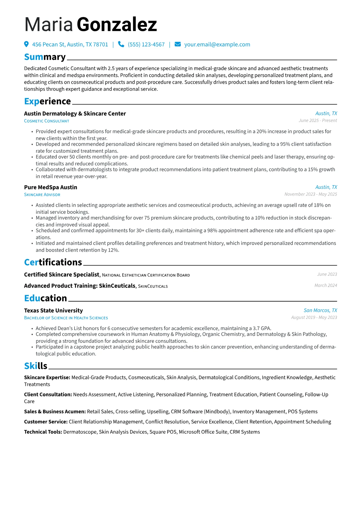 Cosmetic Consultant resume example, Cosmetic Consultant, page 1