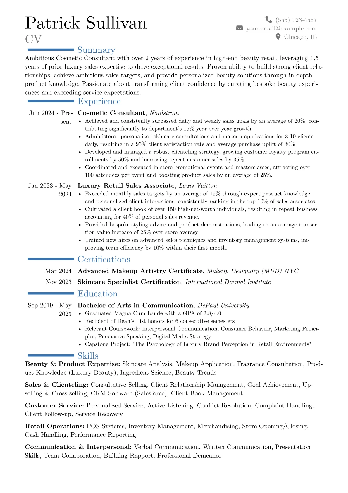 Cosmetic Consultant resume example, Career changer, page 1