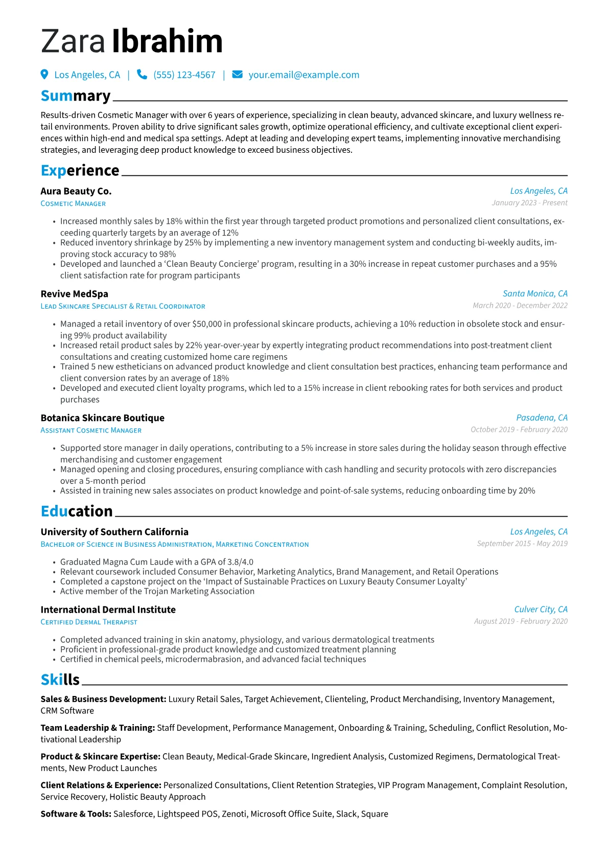 Cosmetic Manager resume example, Cosmetic Manager, page 1
