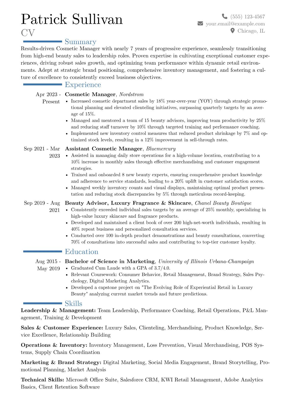 Cosmetic Manager resume example, Career changer, page 1