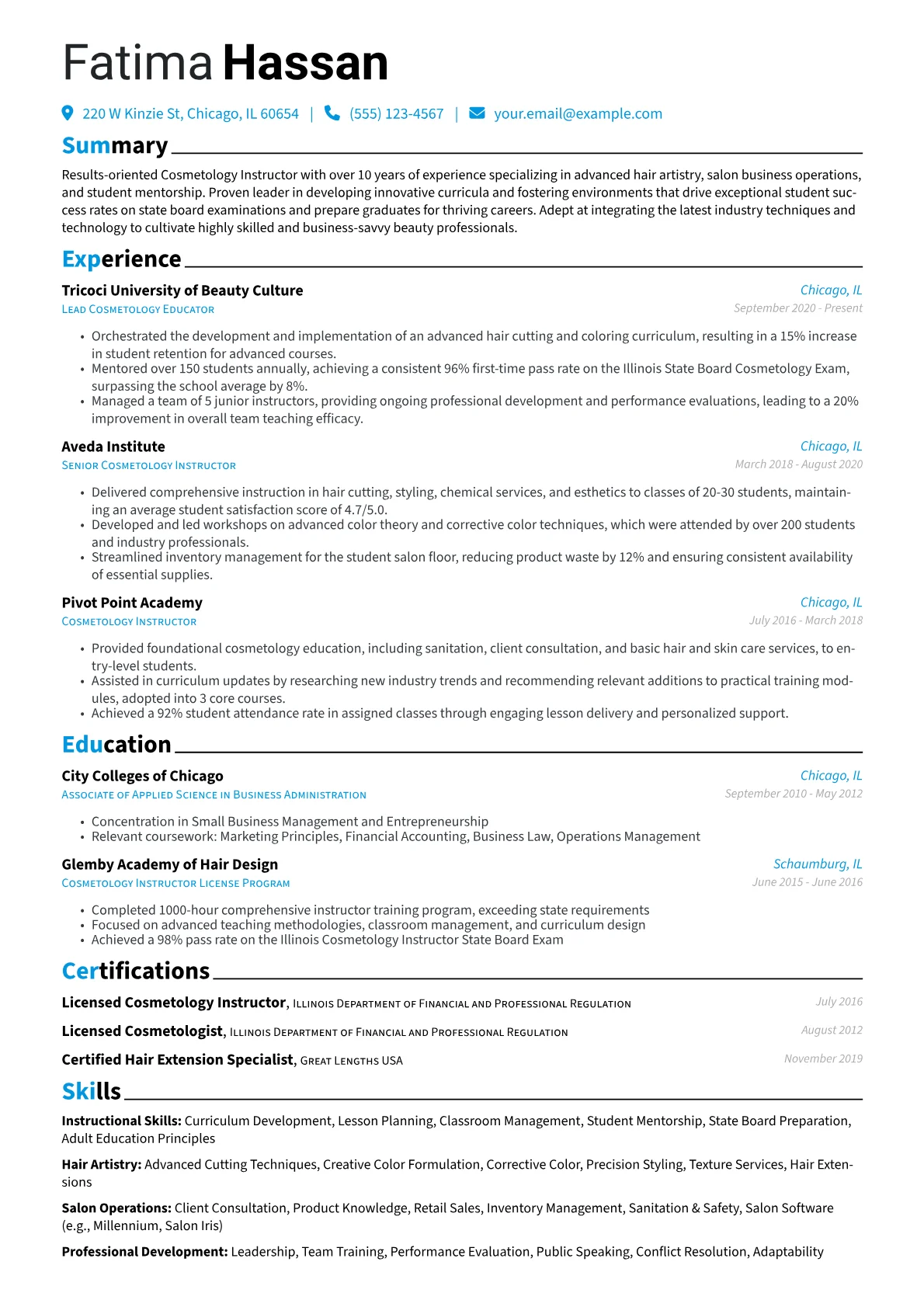 Cosmetology Instructor resume example, Advanced Hair & Business, page 1