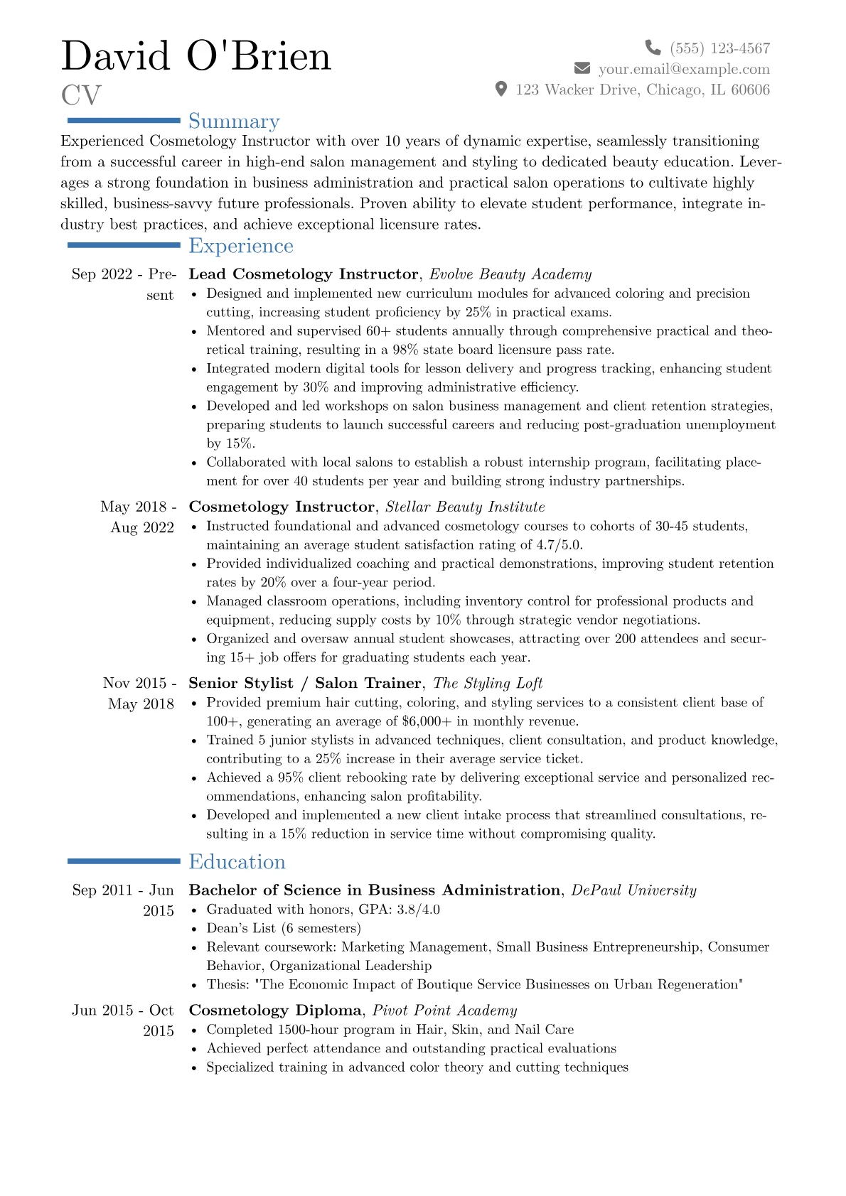 Cosmetology Instructor resume example, Career changer, page 1