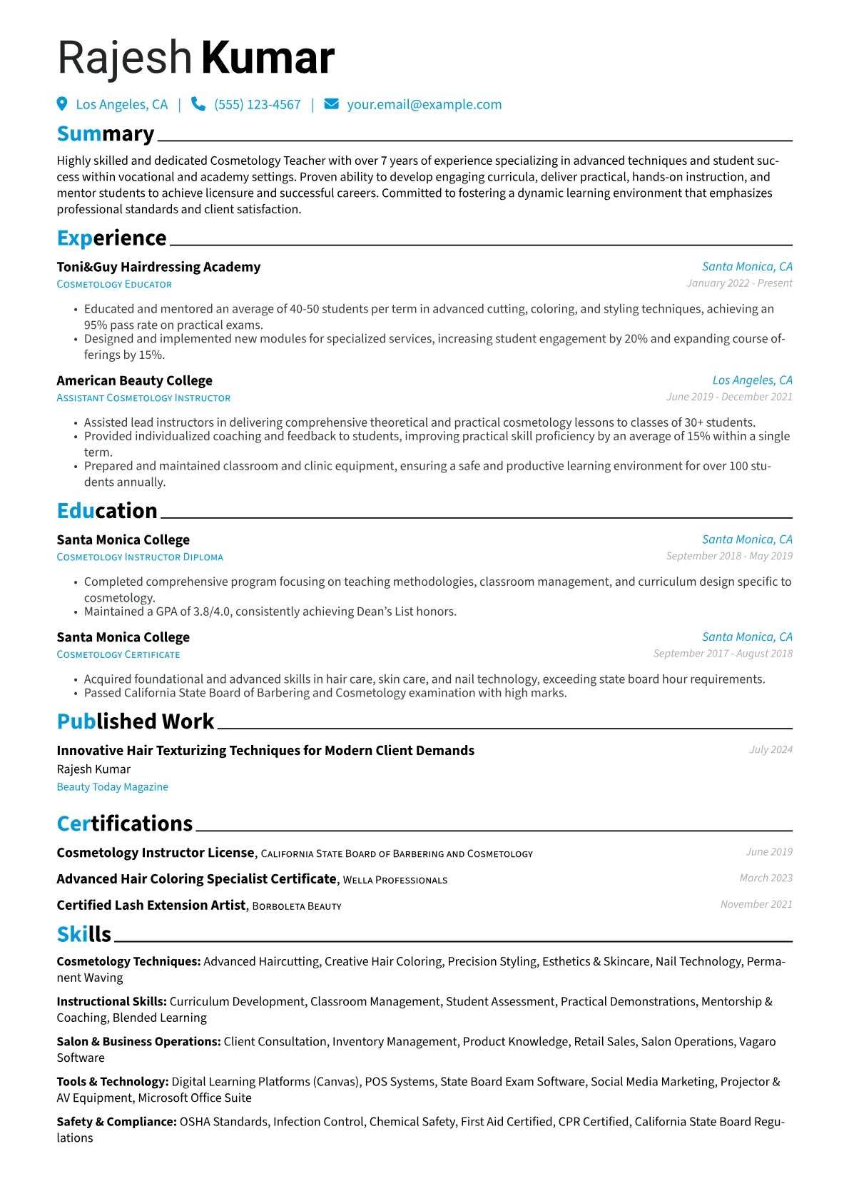Cosmetology Teacher resume example, Cosmetology Teacher, page 1