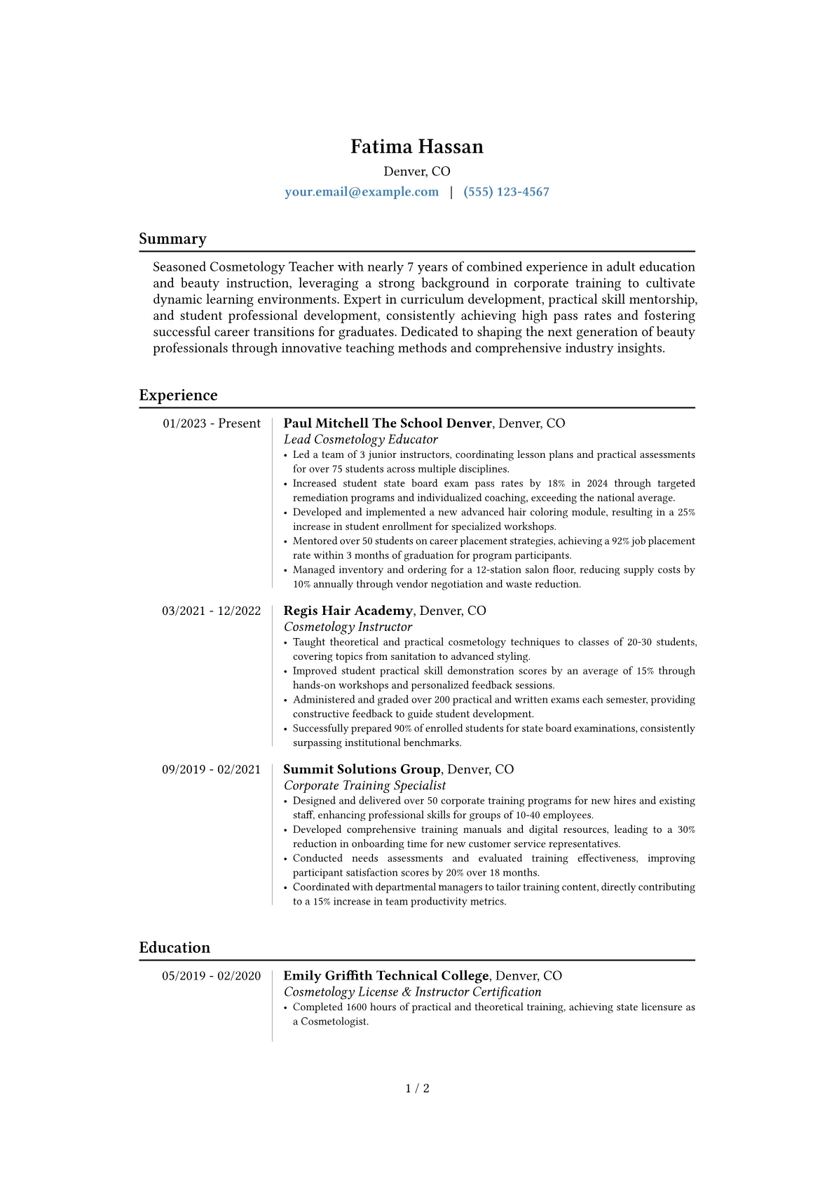 Cosmetology Teacher resume example, Career changer, page 1