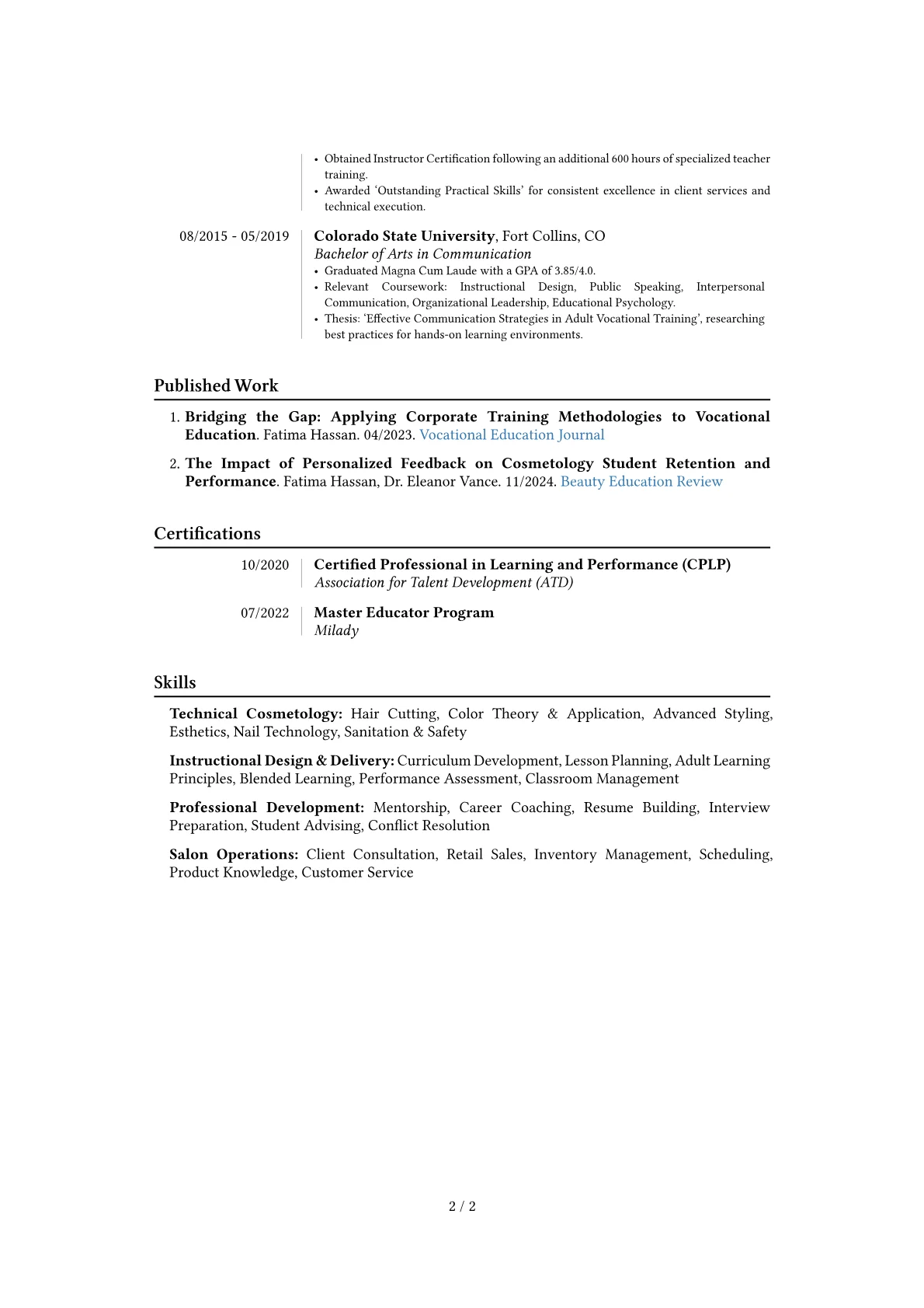 Cosmetology Teacher resume example, Career changer, page 2