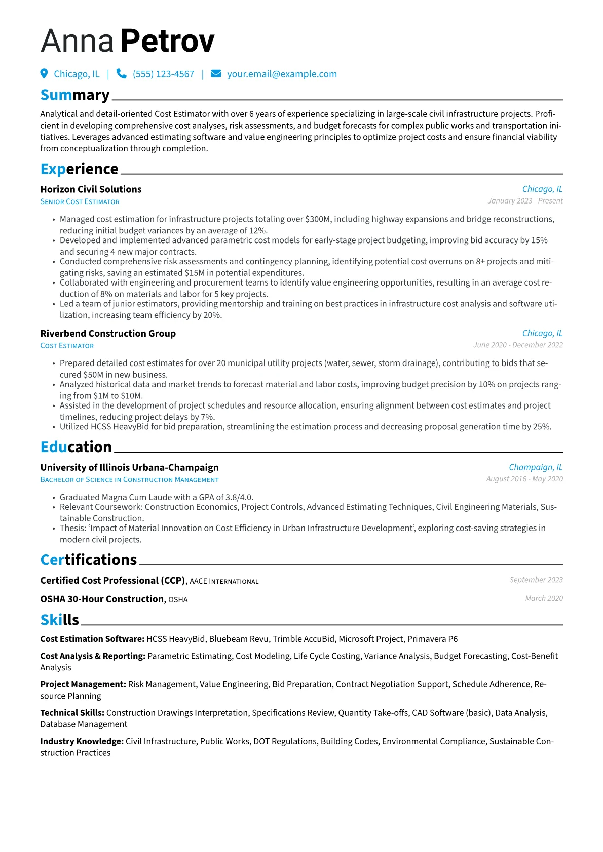 Cost Estimator resume example, Cost Estimator, page 1