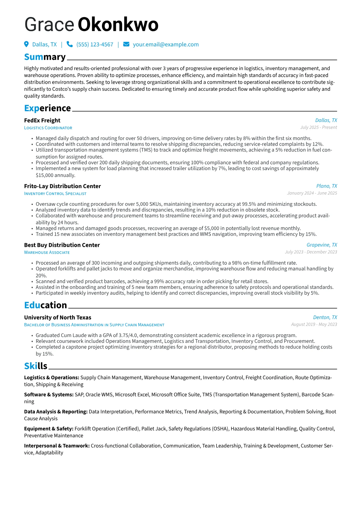 Costco resume example, Warehouse Operations, page 1