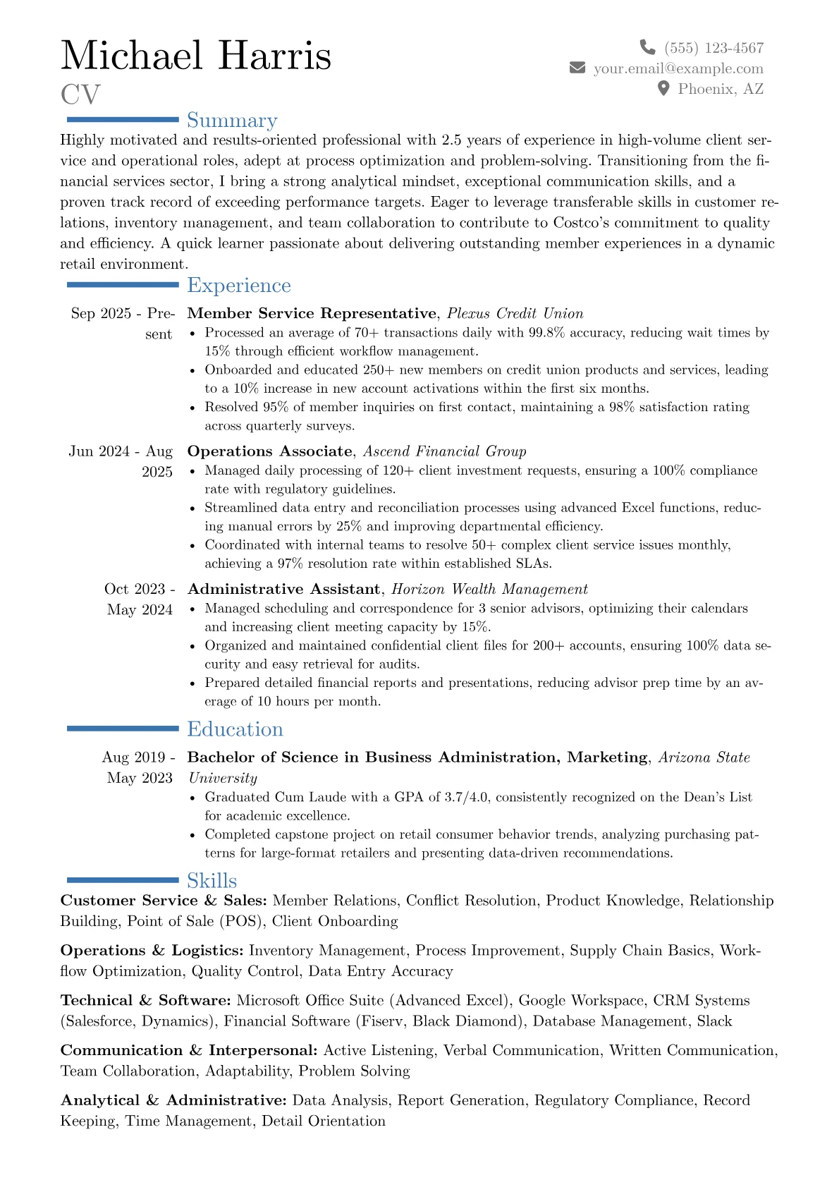 Costco resume example, Career changer, page 1