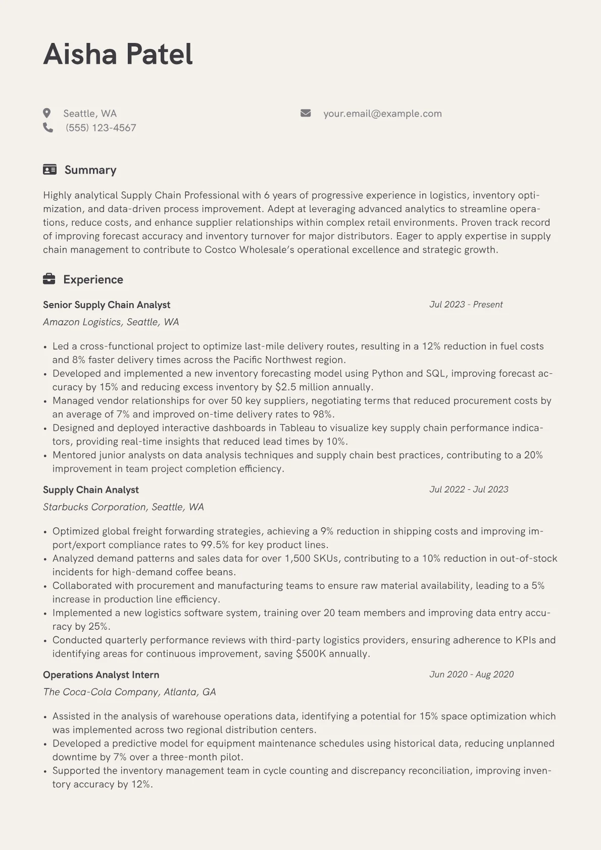 Costco Wholesale resume example, Supply Chain & Logistics, page 1