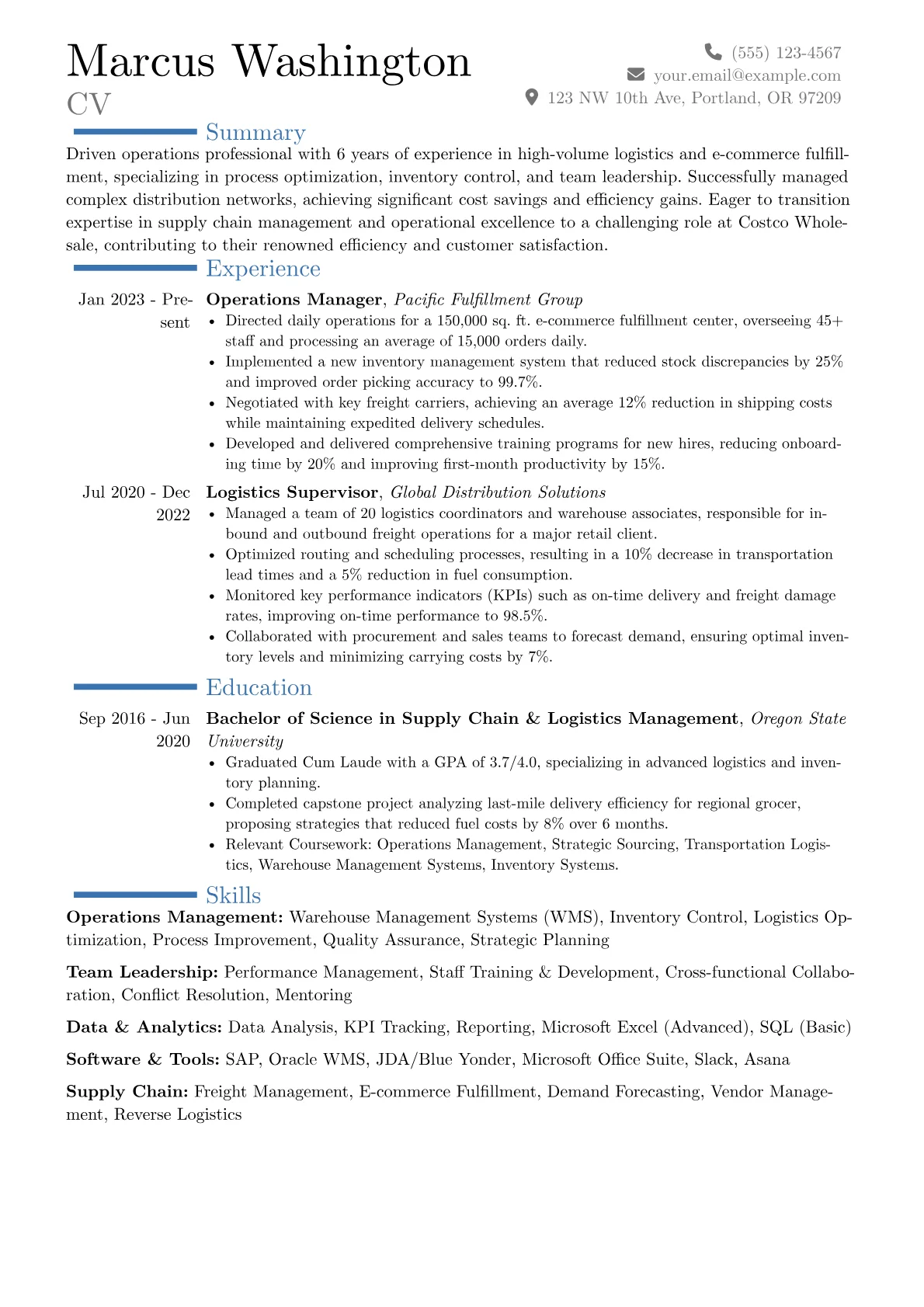 Costco Wholesale resume example, Career changer, page 1