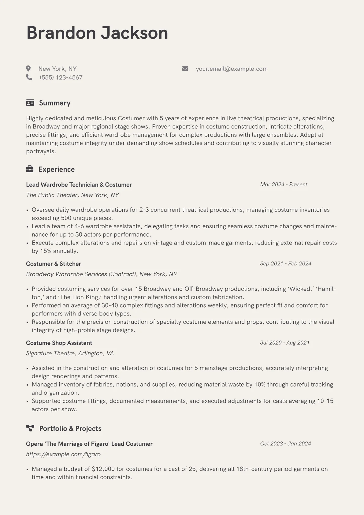 Costumer resume example, Theatrical Costumer, page 1