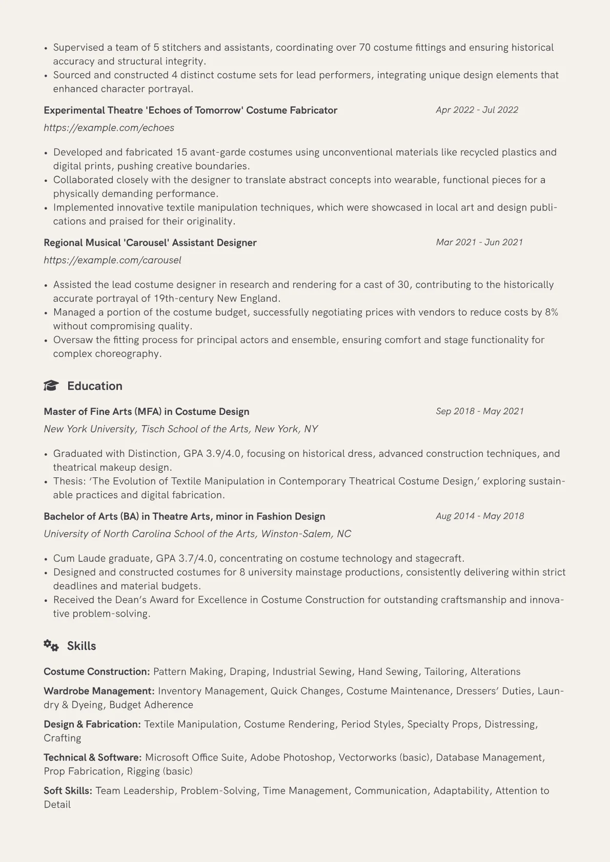 Costumer resume example, Theatrical Costumer, page 2