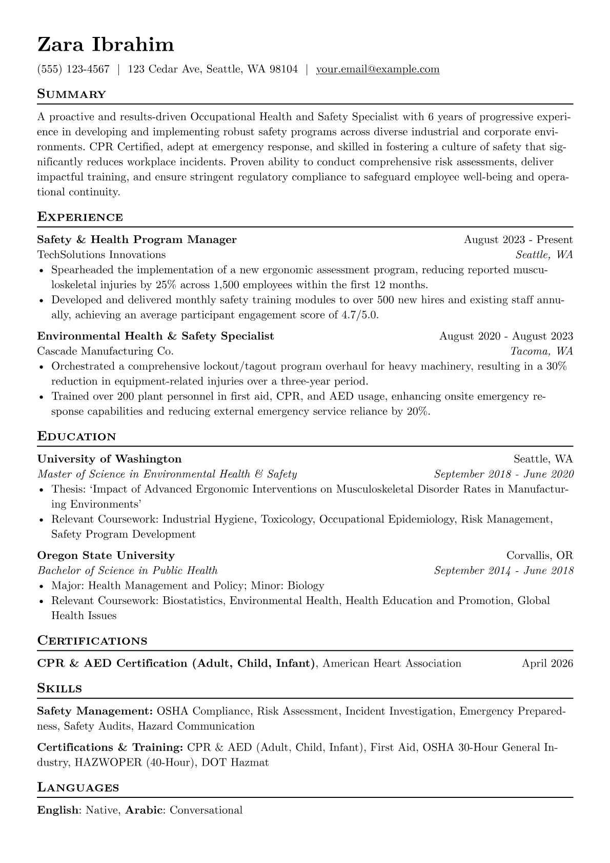 CPR Certified resume example, Occupational Health, page 1