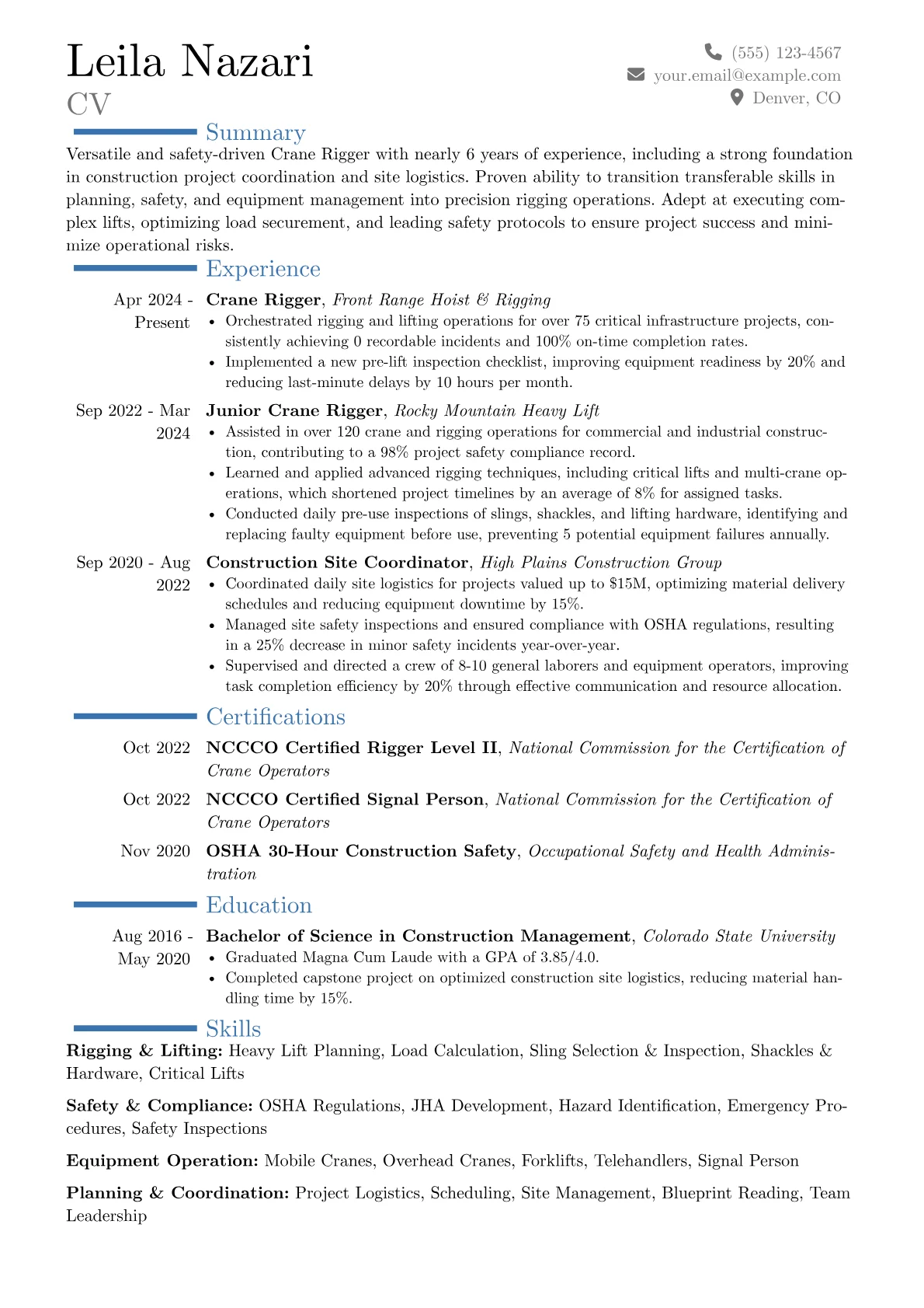 Crane Rigger resume example, Career changer, page 1