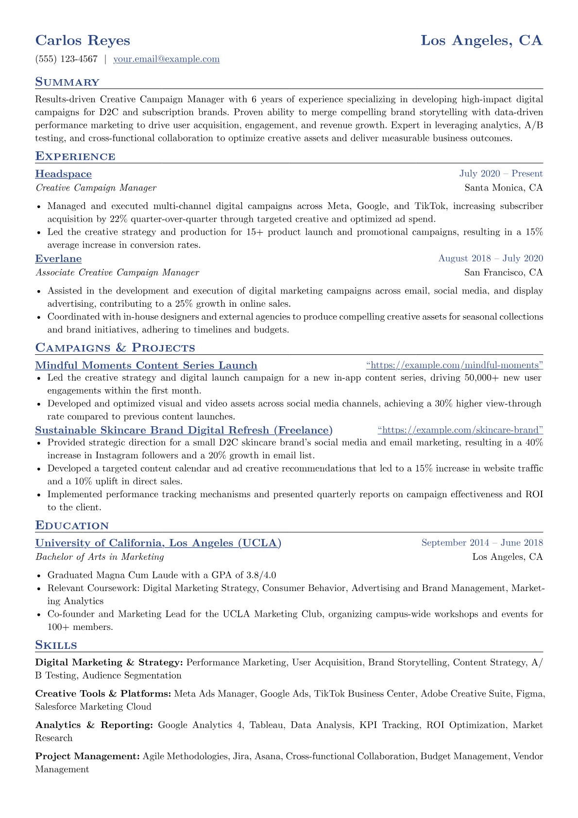 Creative Campaign Manager resume example, Digital D2C Focus, page 1