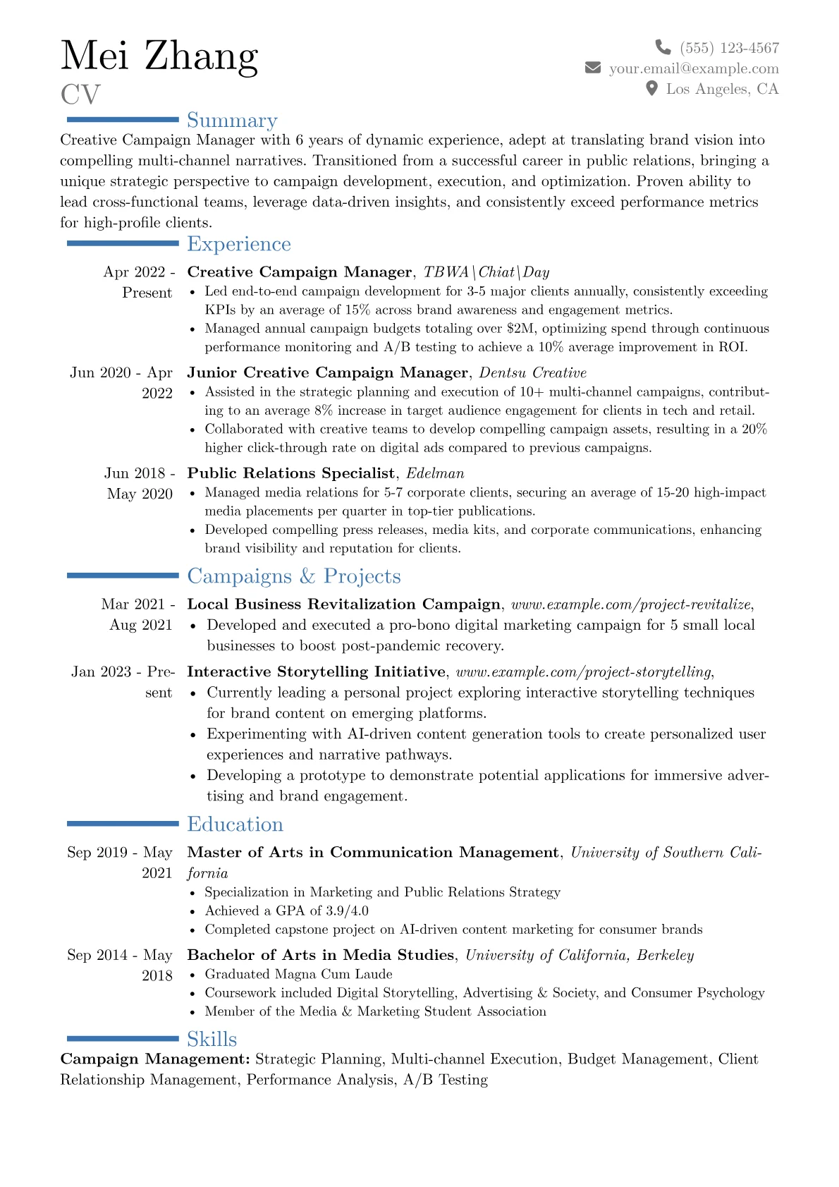 Creative Campaign Manager resume example, Career changer, page 1